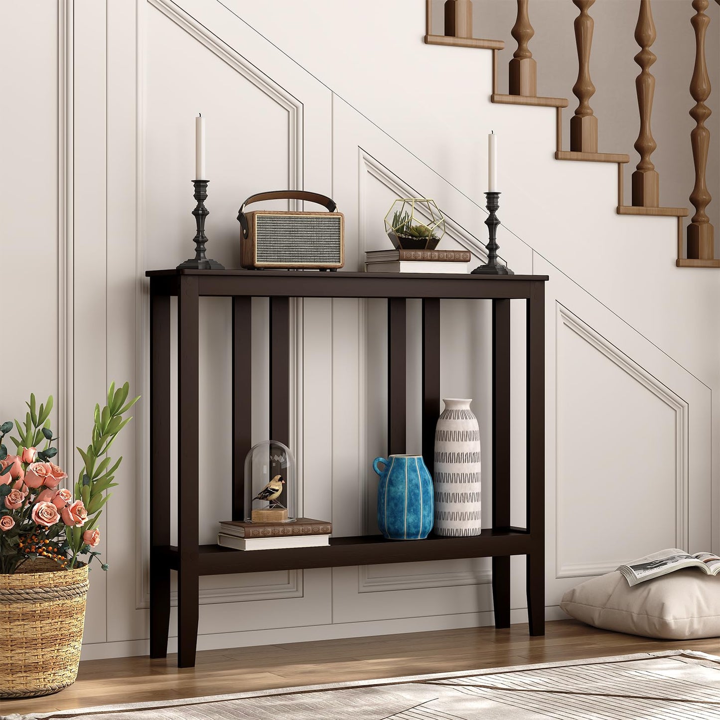 ELYKEN Bamboo 2-Tier Narrow Console Table, 36.2" Long Slim Sofa Table Behind Couch for Entryway, Hallway, Living Room, Brown
