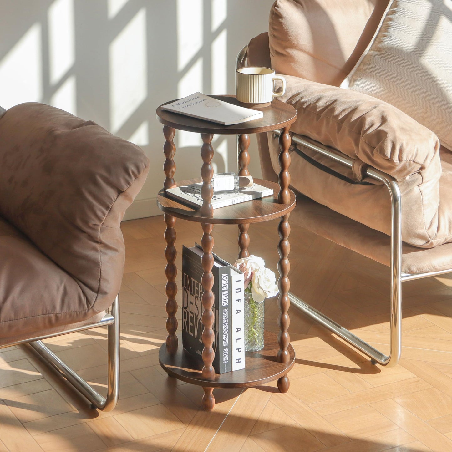AWASEN Small Round End Table, Round Side Table with 3-Tier Open Shelf for Small Spaces, Wood Accent Table Nightstand for Bedroom, Living Room, Office, Walnut Brown