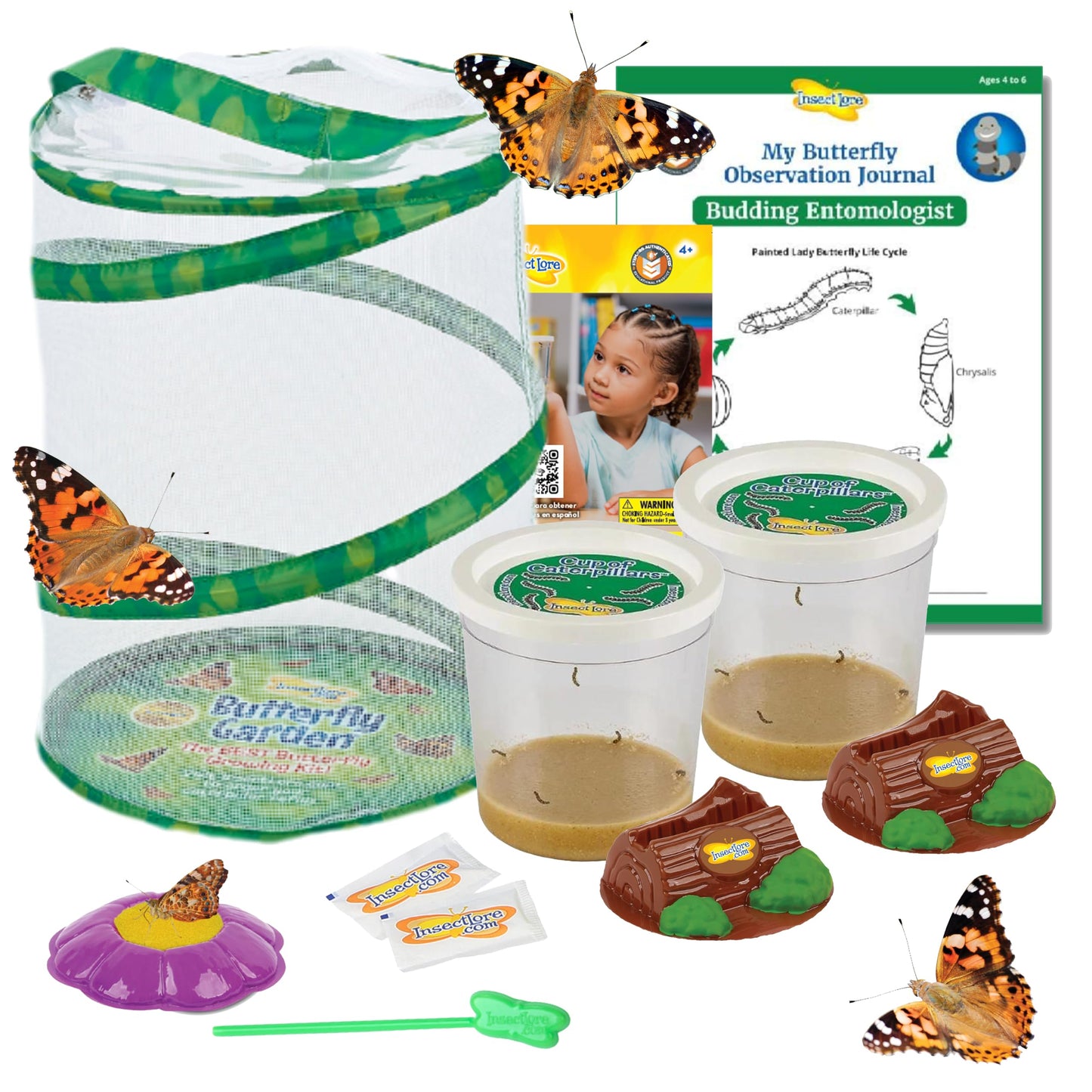 Insect Lore Butterfly Garden | 10 Live Baby Caterpillars | Habitat, Feeder, Chrys-A-Lid Logs, STEM Journal Included | Raise and Release Painted Lady Butterflies