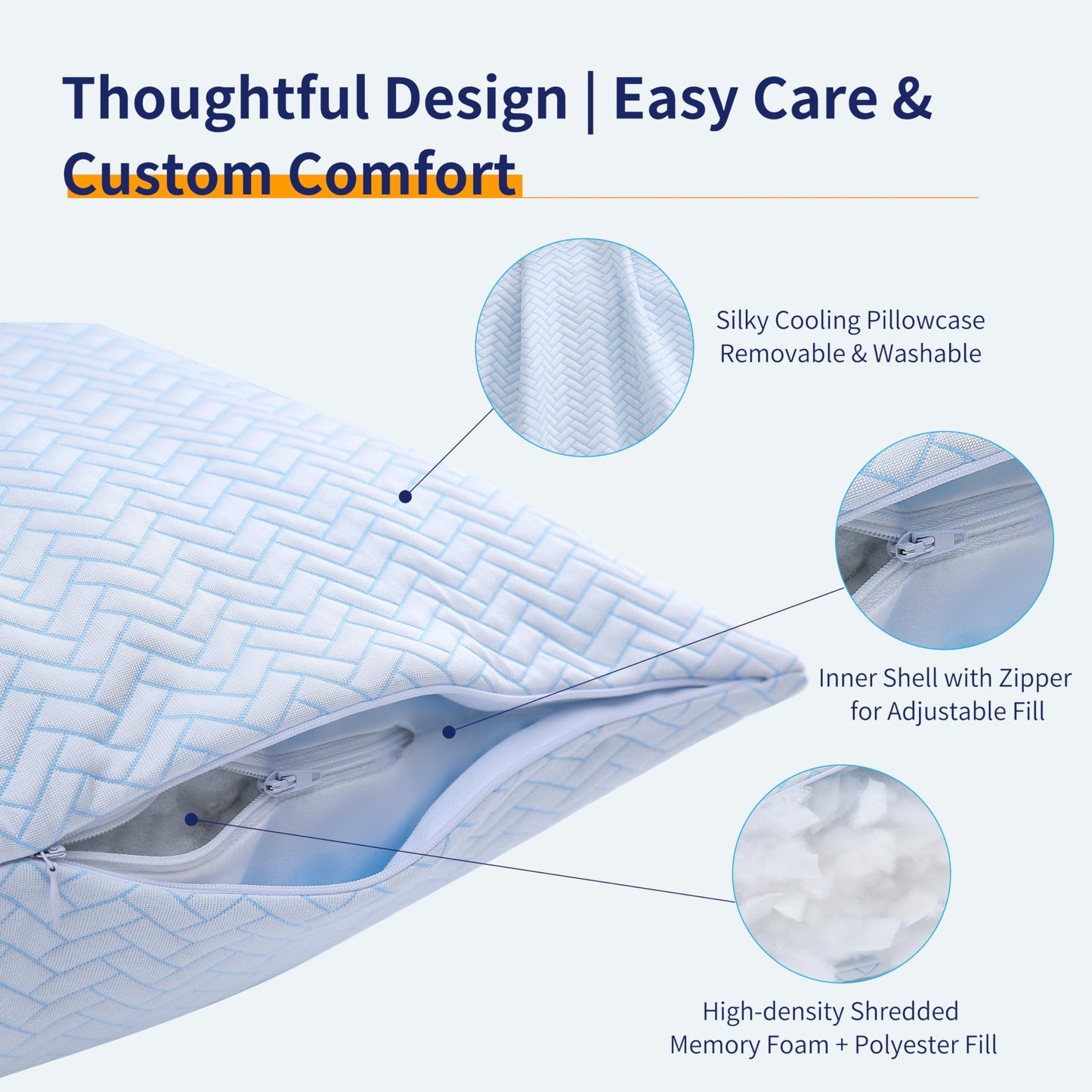 DOWNCOOL Cooling Pillow King Size Set of 2, Adjustable Shredded Memory Foam Pillows for Sleeping, Cool Bed Pillows for Hot Sleepers, Soft Supportive Firm Pillow for Side Back Stomach Sleepers, 20"X36"
