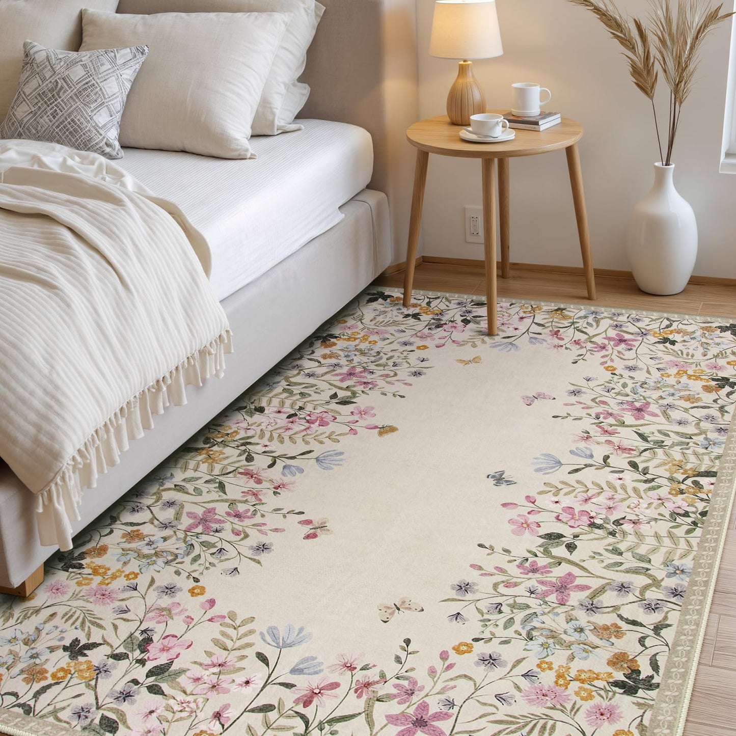 Wonnitar 5x7 Area Rug for Living Room, Floral Washable Rug for Bedroom, Boho Botanical Nursery Rug, Non Slip Soft Farmhouse Carpet, Beige Kids Playroom Decor (5x7 Beige)