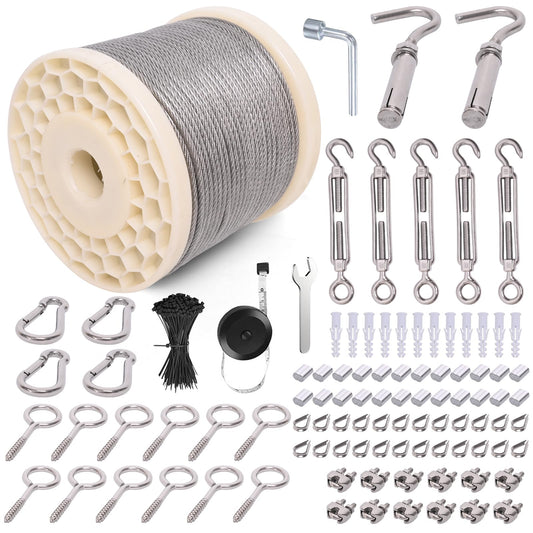 300FT 1/8" Wire Rope Kit, Vinyl Coated 304 Stainless Steel Wire Cable, 7x7 Strands 920LBS Breaking Strength, M5 Turnbuckle, String Light Hanging Kit for Outdoor, Garden, Clothesline