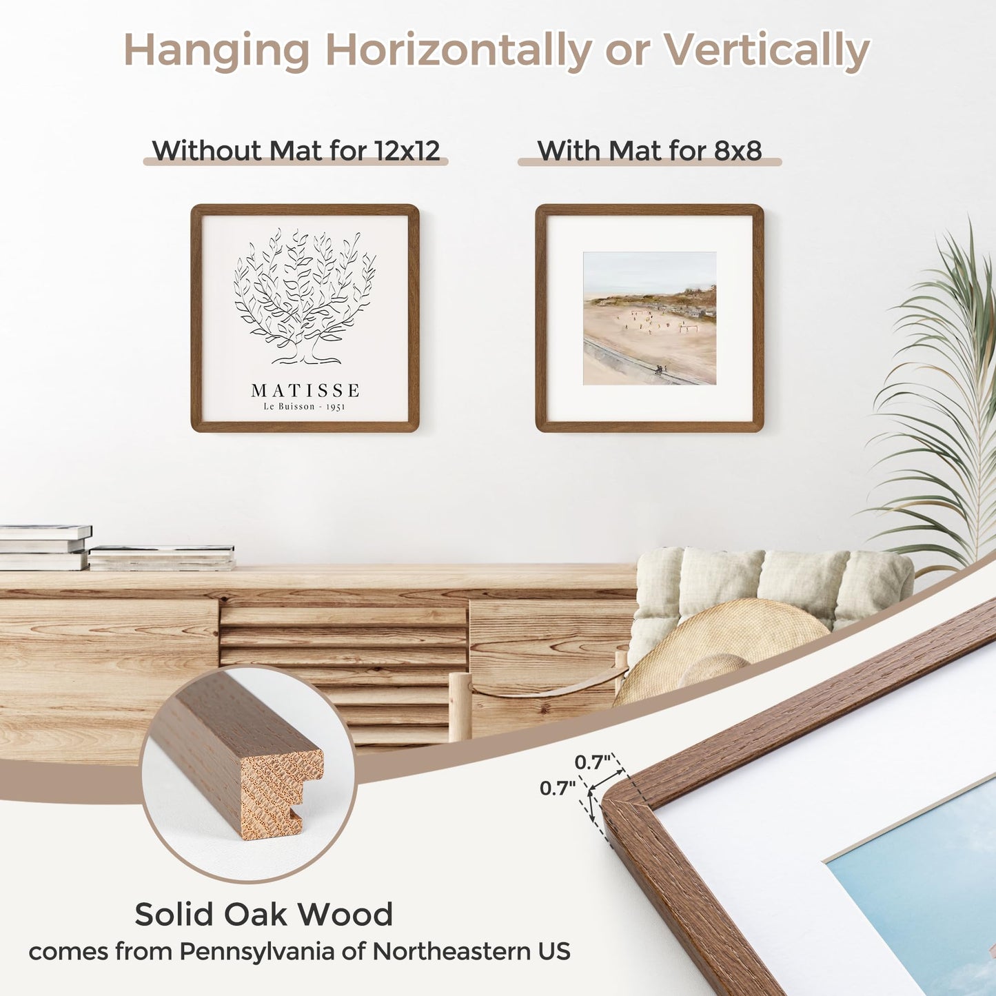 FLYJOE 12 x 12 Picture Frame | Solid Oak Wood Square Picture Frame | 12x12 Picture Frame With Mat For 8x8 | Tempered Glass And Hanging Hardware Included | 12 By 12 Picture Frame Wood (Walnut, 1 Pack)
