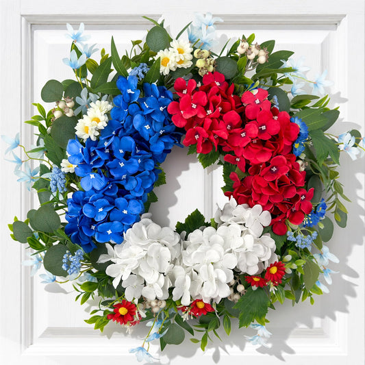 25" Patriotic Wreath for Front Door 4th of July Wreath with Red White Blue Hydrangea Flowers for America 250th Anniversary, Labor Day, Memorial Day,Independence Day Indoor Outdoor Summer Decoration