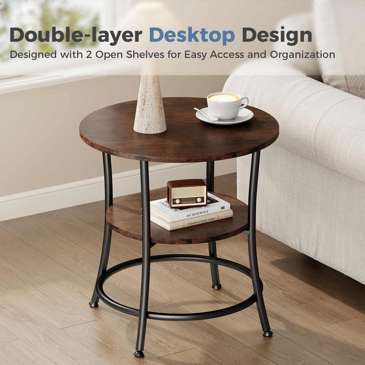 DUMOS Side Round Table for Living Room, 2-Tier Accent End Table with Storage Shelf,Sturdy Metal Frame Nightstand for Small Space, Round Bedside,Rustic Brown and Ink Black