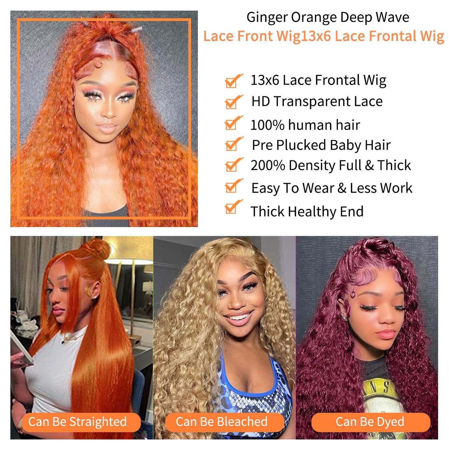 30 Inch Ginger Deep Wave Lace Front Wig Human Hair 13x6 Orange Ginger Wigs Human Hair 350 Deep Curly Lace Front Wigs Hd Transparent Ginger Deep Wigs 200% Density Orange Deep Wave Front Wigs for Women