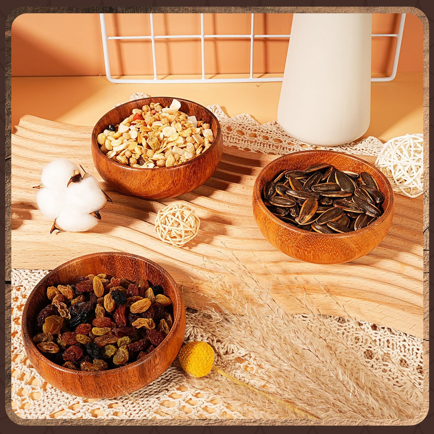 Skylety 20 Pcs Acacia Wooden Bowls Small Calabash Bowls Round Wood Salad Hand Carved Calabash Dip Tray for Serving Popcorn Pasta Candy Cereal Coconut Nuts Sauce Appetizers Kitchen (4 Inch)