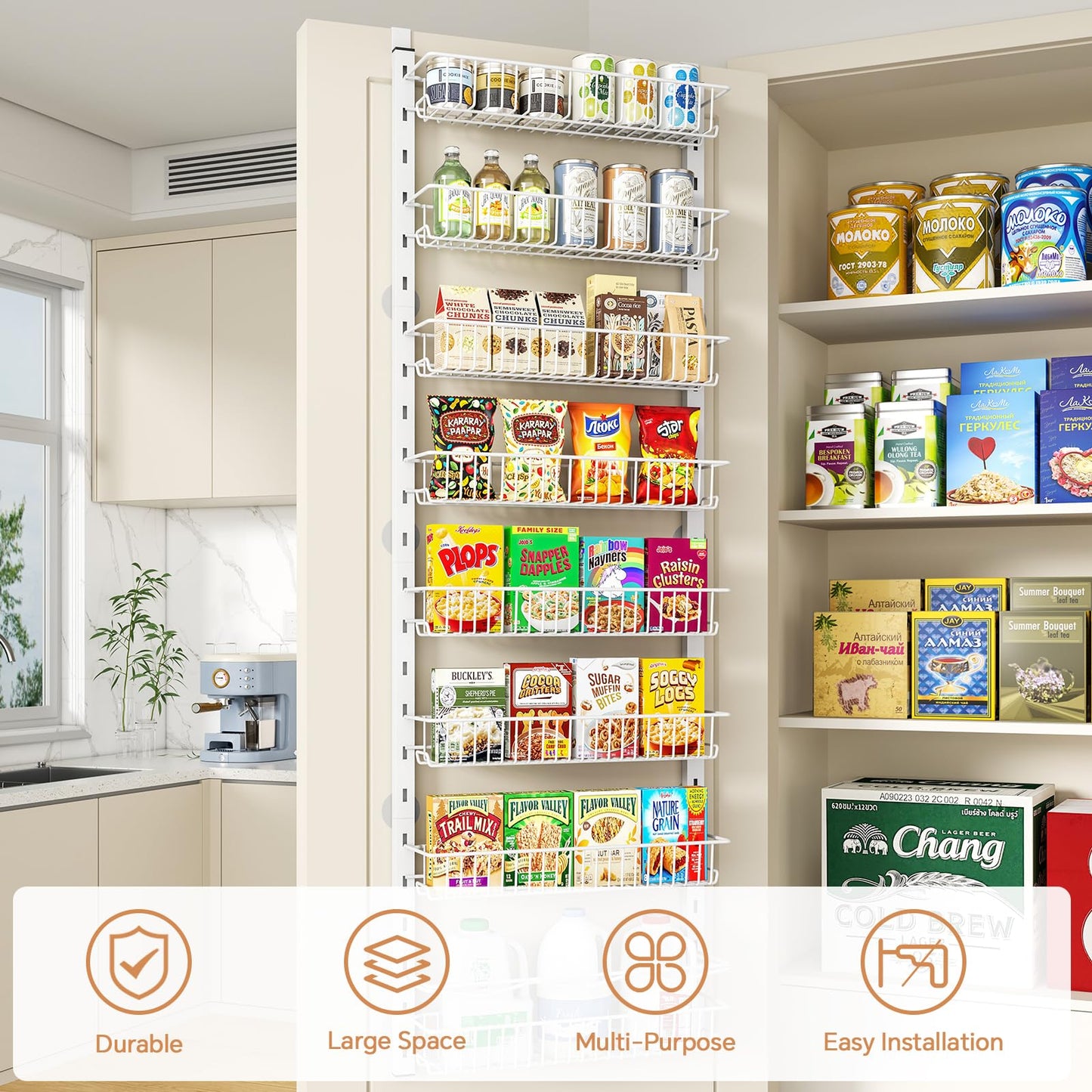 MIAOLI Over the Door Pantry Organizer, 10-Tier Adjustable Spice Rack Cabinet Door Shelves, Hanging Seasoning Organizer for Kitchen Bathroom, Laundry Room Organization, White