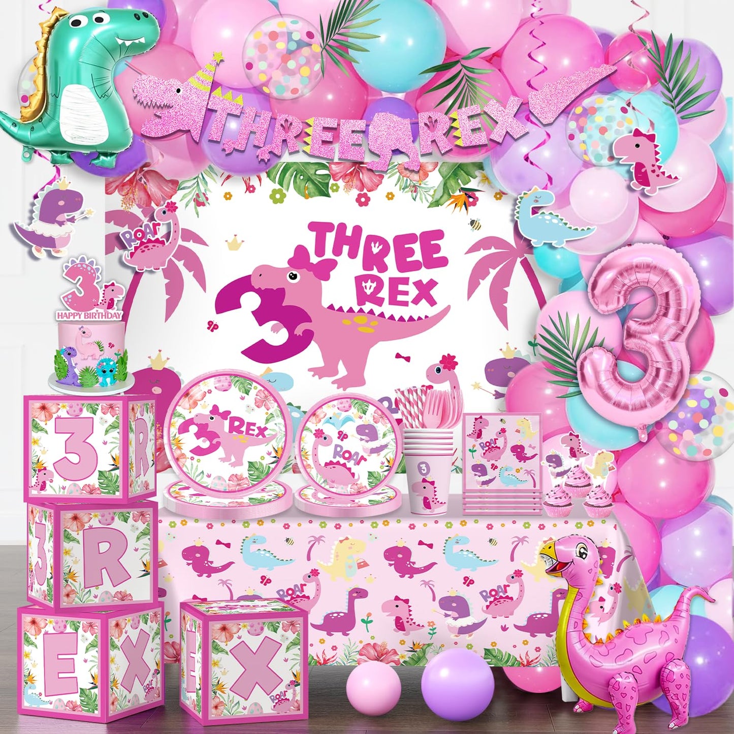 314Pcs Three Rex Birthday Decorations Serves 25 Guests, All-in-One Pink Dinosaur Birthday Decorations Includes Balloon Arch Kit, Banner, Plates, Balloons Box, Tablecloth, Cake Topper