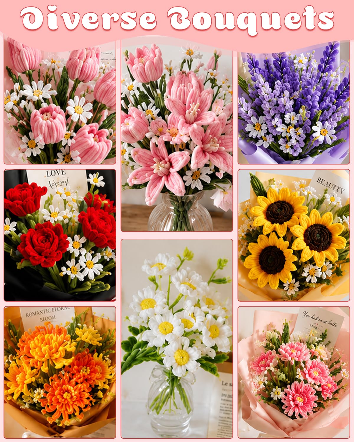 864PCS Pipe Cleaners Craft, Pipe Cleaners Flowers Kit with Handle, 13Colors Chenille Stems,Art and Craft Supplies