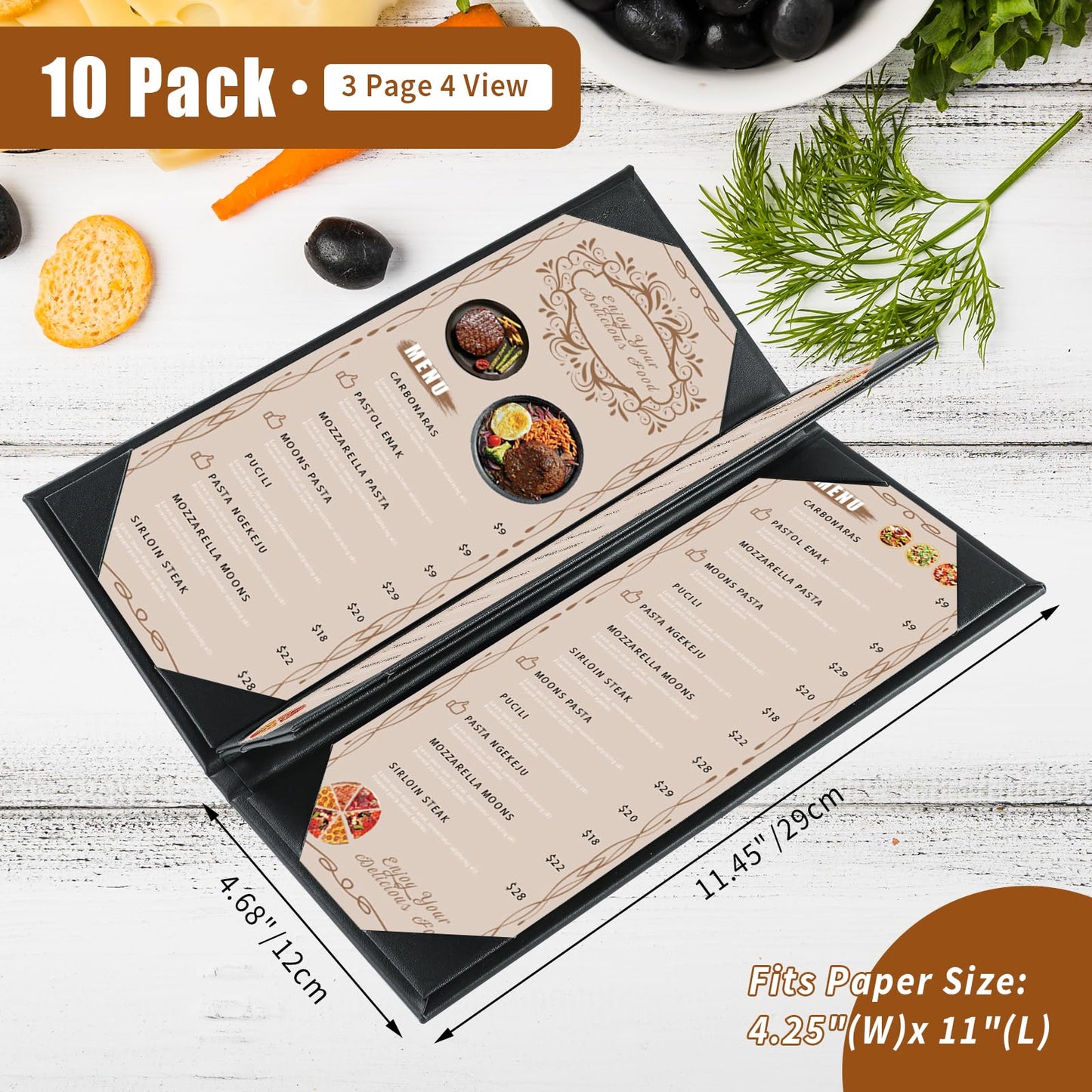 FLKQC Restaurant Menu Covers Holders 4.25" x 11" | Pack of 10 Synthetic Leather Triple Fold Panels 4 View Angled Corners Black for Wine List, Drinks (10, Triple Fold Panels 4 View (4.25 x 11 inch))