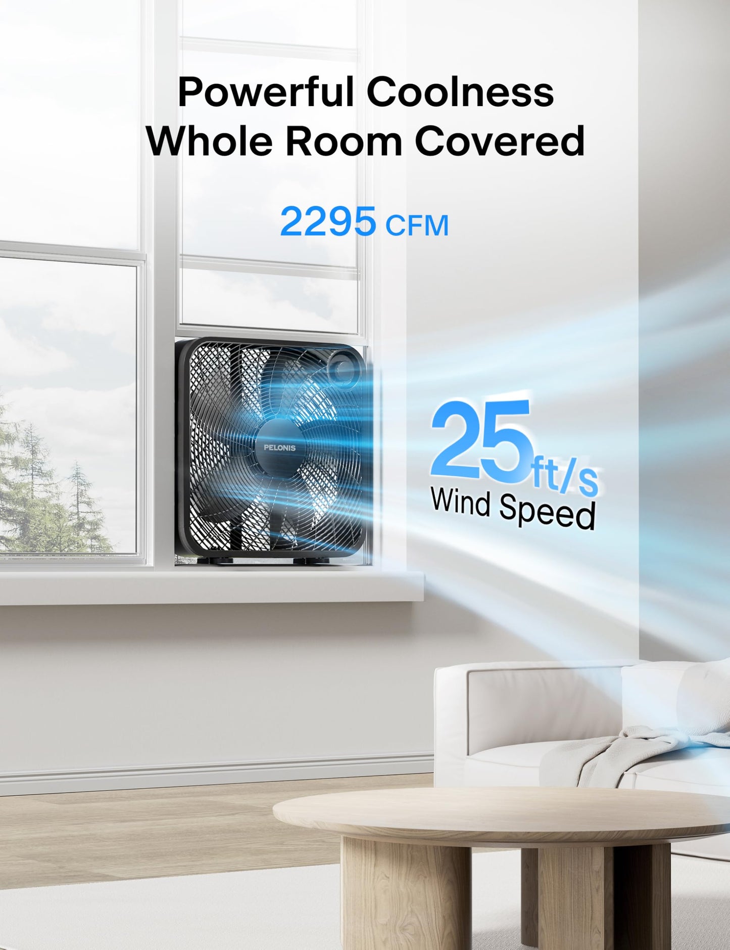 PELONIS 20 Inch Box Fan – 3 Speeds, Window Fans, Floor or Tabletop, 25ft/s, Superior Air Throw (2295 CFM), Lightweight, 5 Blades, Fans for Bedroom, Office, Living Room, Garage