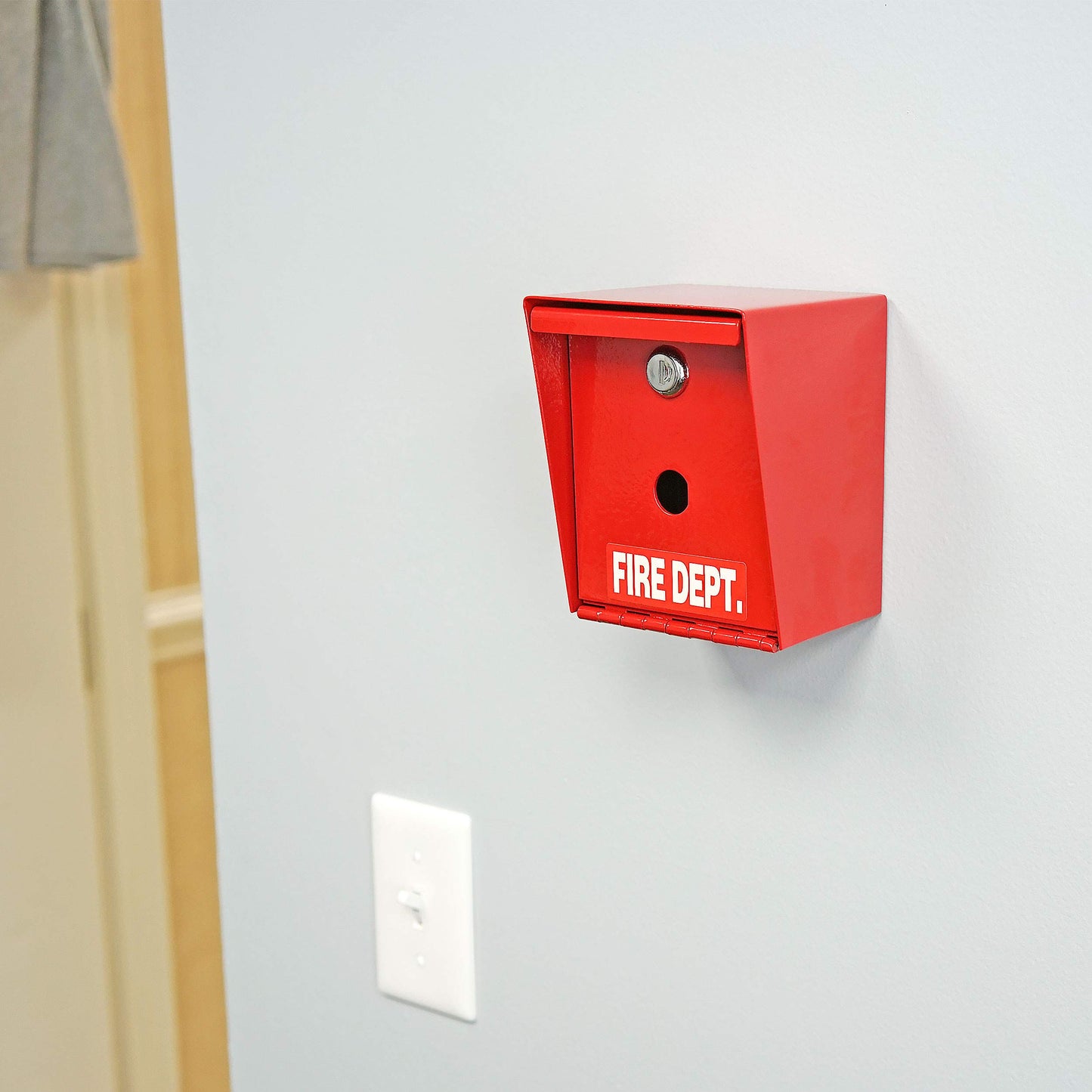 Fire Department Lock Box – Red Wall-Mounted Steel Emergency Key Box with 2 Keys, Fire Safe Access Box for Home, Office & First Responders, 4.5" x 4.55" x 5.65"