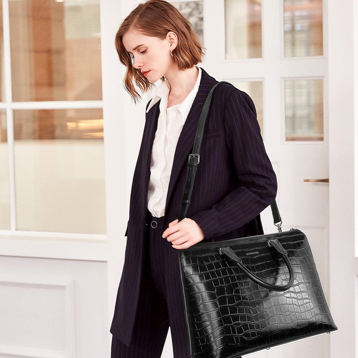 BOSTANTEN Briefcase for Women Leather 15.6 inch Laptop Shoulder Bags Office Work Crossbody Handbags Crocodile Pattern Black