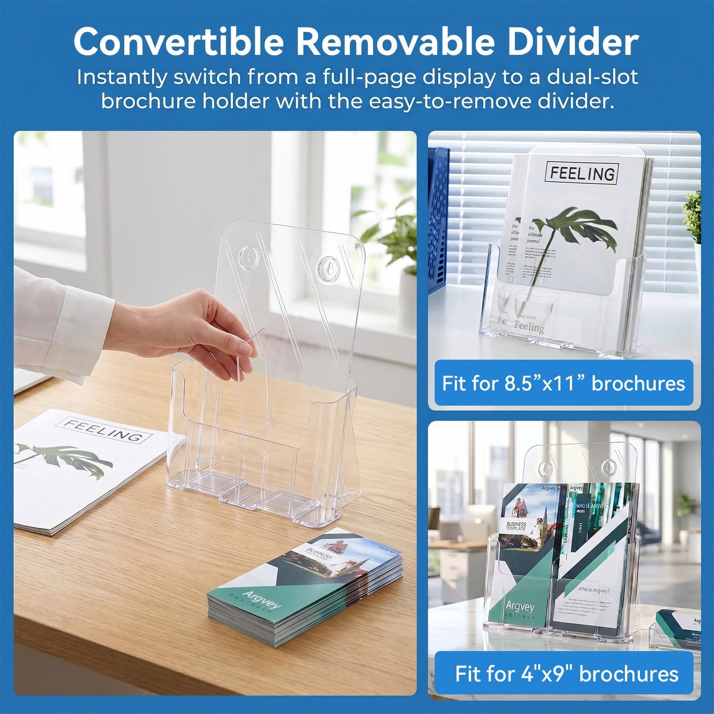 Argvey Acrylic Brochure Holder 8.5 x 11 inches, 4 Pack Clear Brochure Display Stand with Removable Divider for Trifold 4 Inches Wide Pamphlet, Plastic Flyer Holder for Magazine, Literature, Booklet