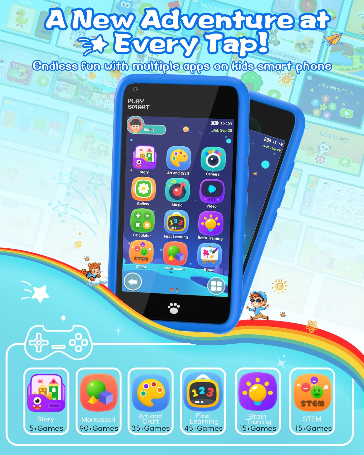 MOMILLA Kids Toys Smart Phone, 3.97" Touchscreen, Birthday Gifts for Kids, 16GB Toddler Learning Cell Phone with Games, Boys Girls Toys for Age 3 4 5 6 7 8 9 Year Old（Front Camera Only