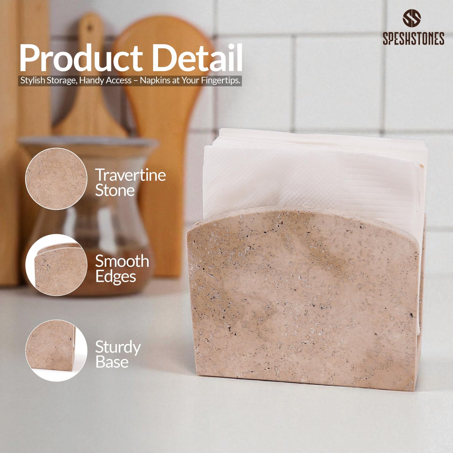 SPESHSTONES Marble Napkin Holder 6.5 Inch Handmade Travertine Napkin Holder for Table - Stone Paper Napkins Organizer for Kitchen Countertop & Bathroom Decor