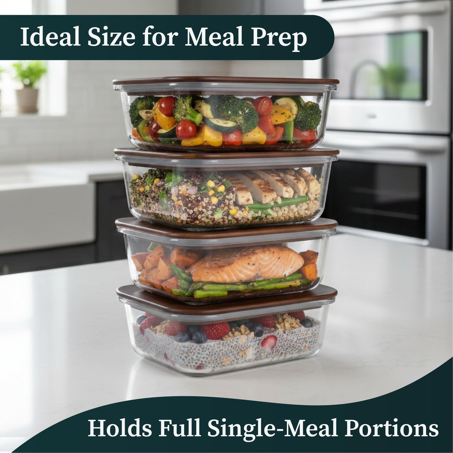 Verdara 5-Piece Borosilicate Glass Food Storage Containers with Acacia Wood Lids — 35 oz Rectangular Meal Prep & Leftovers Set, Oven, Freezer & Microwave Safe, Plastic-Free