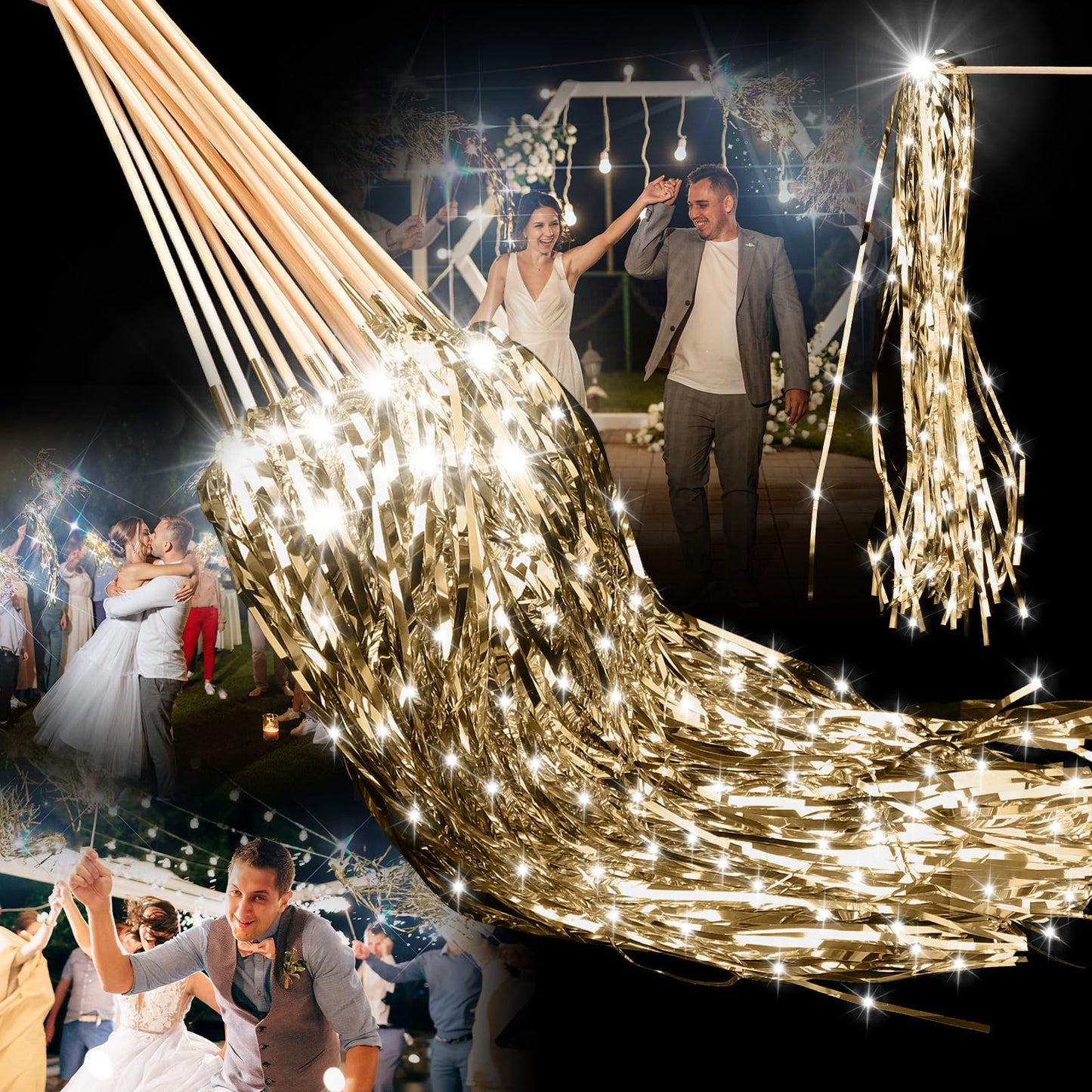 Simgoing 100 Pcs Lighted Wedding Wands LED Tinsel Wands Light up Streamers Sparklers for Wedding Send Off and Exits Birthday Party Props Favors(Champagne)