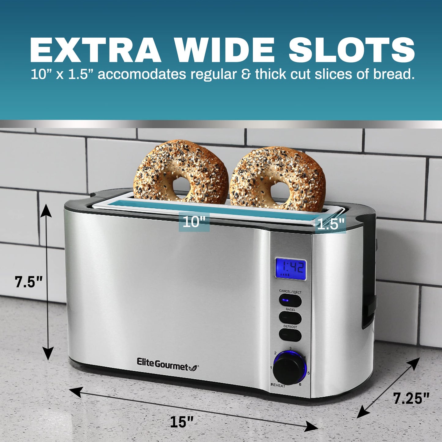 Elite Gourmet ECT4400B# Long Slot 4 Slice Toaster, Countdown Timer, 6 Toast Setting, Defrost, Cancel Function, Built-in Warming Rack, Extra Wide Slots for Bagel Waffle, Stainless Steel