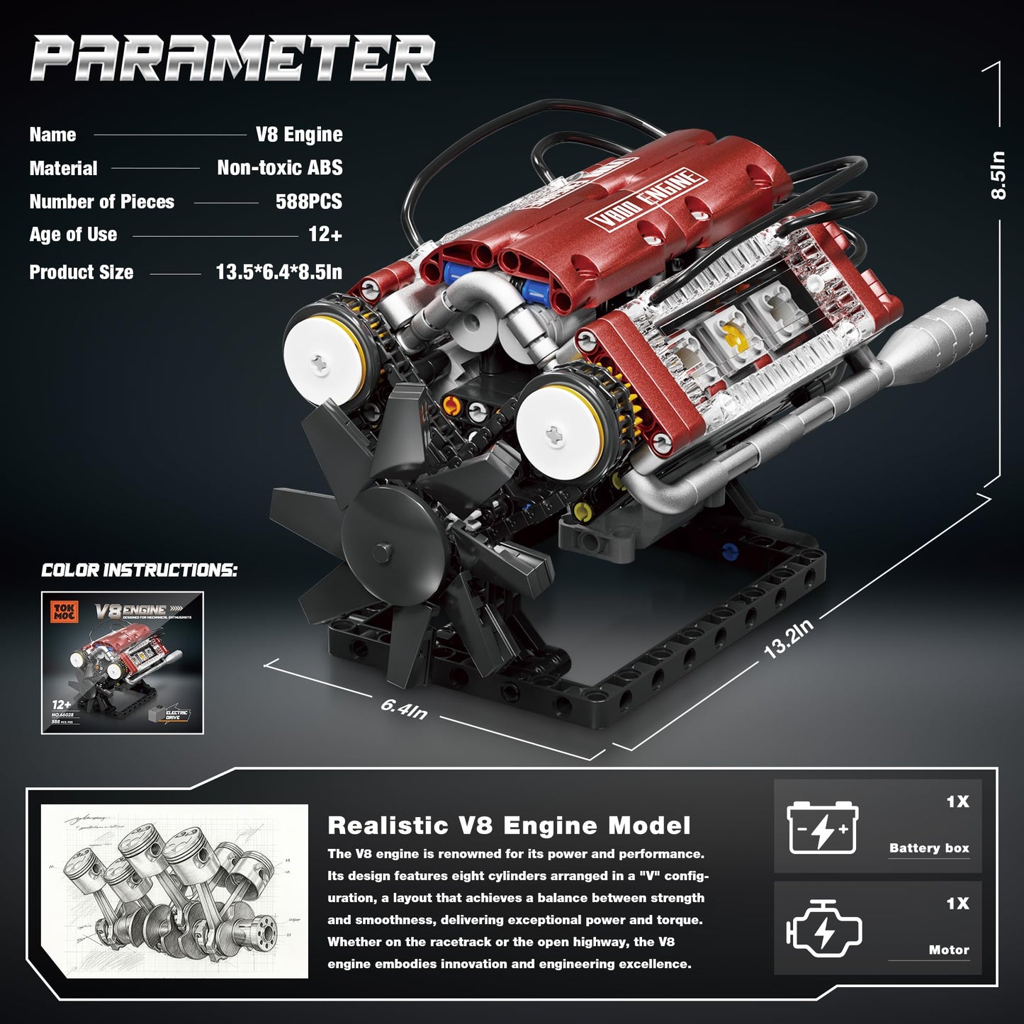 Tuajixz V8 Engine Building Blocks Sets, V8 Engine Model Kit That Runs – Motorized with Moving Pistons, Crankshaft & Rotating Fan, Realistic Engine Simulation for Car Enthusiasts, 588Pcs