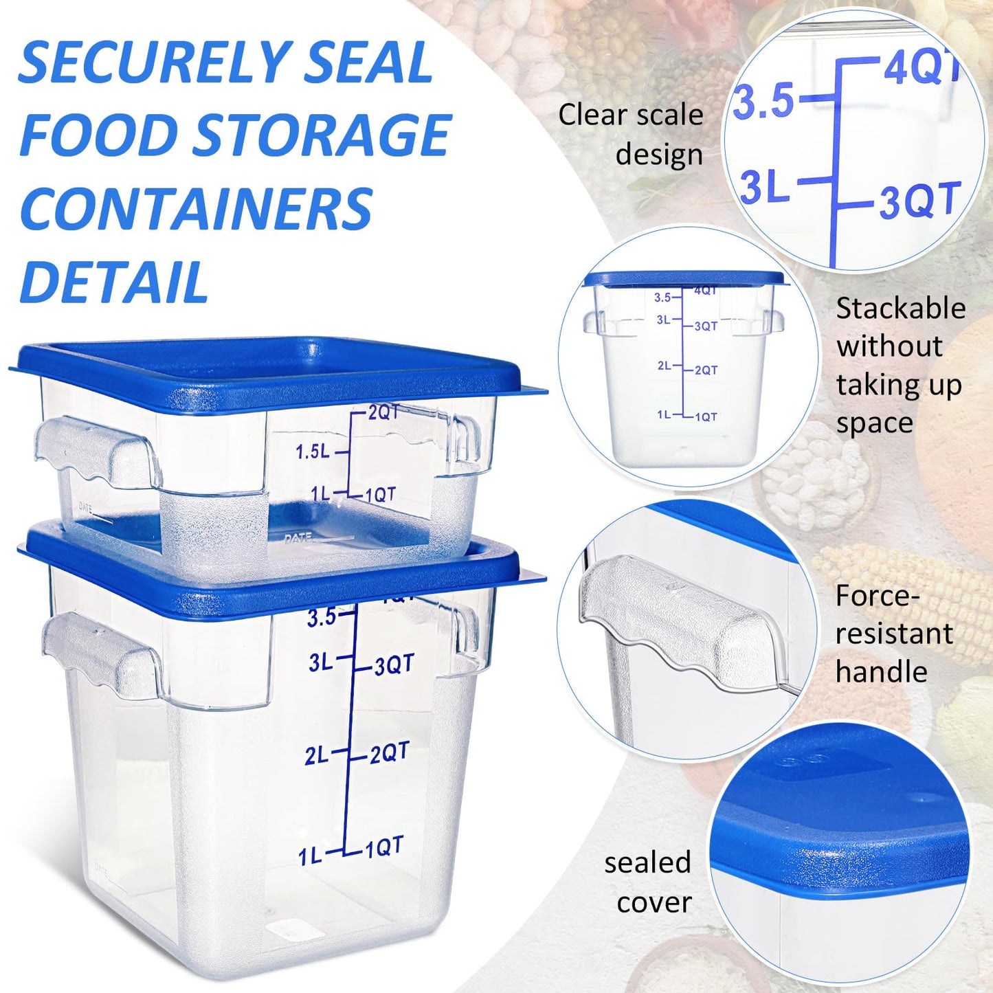 Yungyan 8 Pcs Restaurant Food Storage Containers with Lids Set 2Qt and 4Qt Commercial Restaurant Square Storage Containers Clear Food Cereal Container for Kitchen Freezer (Blue Lids)