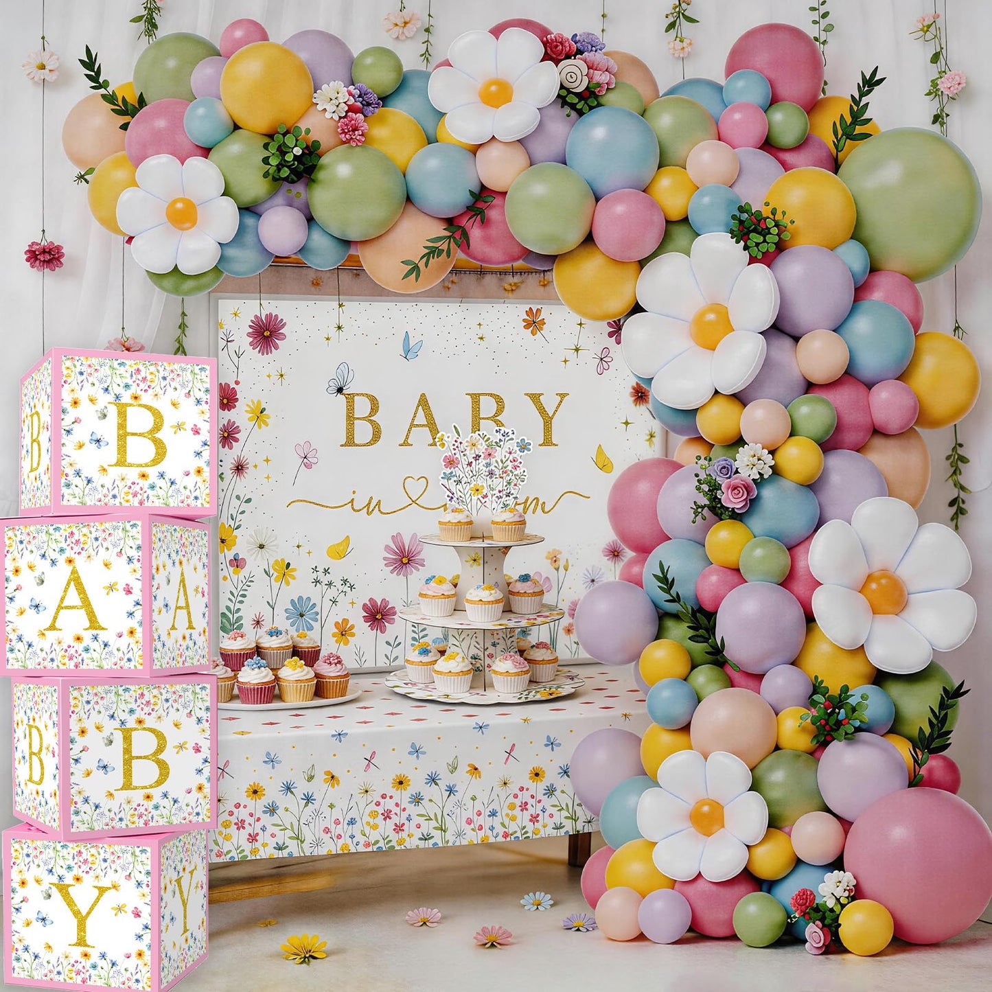 Baby In Bloom Baby Shower Decorations, 175Pcs All in One Set Wildflower Baby Shower Decorations Boxes Banner Backdrop Tablecloth Cake Topper Balloon Sash for Floral Baby in Bloom Shower Party Girls