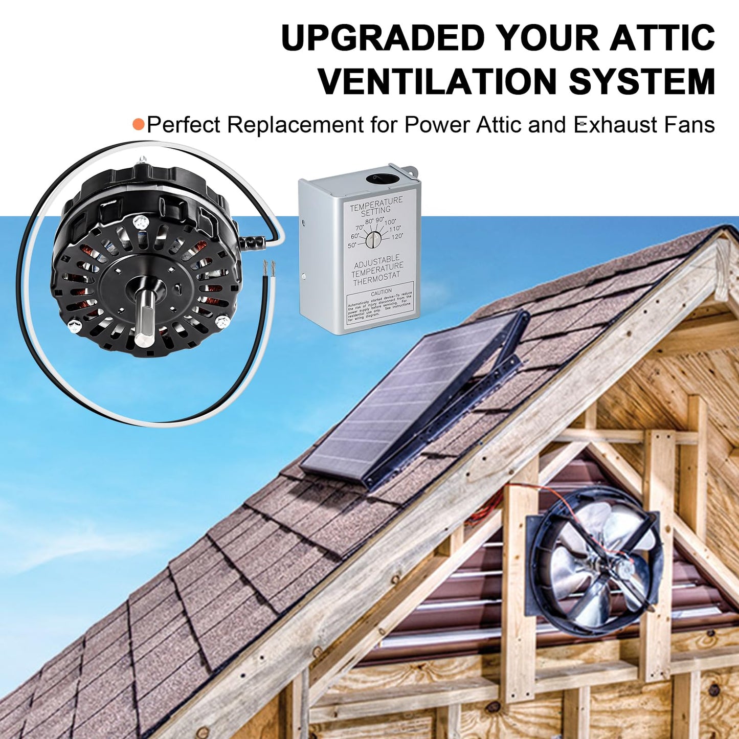 Hiorucet F0510B2944 Attic Fan Motor with 120V Adjustable Thermostat Switch for Power Attic Ventilators and Exhaust Fan, F0510B2497 F0510B2705 Motor for Lomanco 2000&1800, 58033 Temperature Controller.