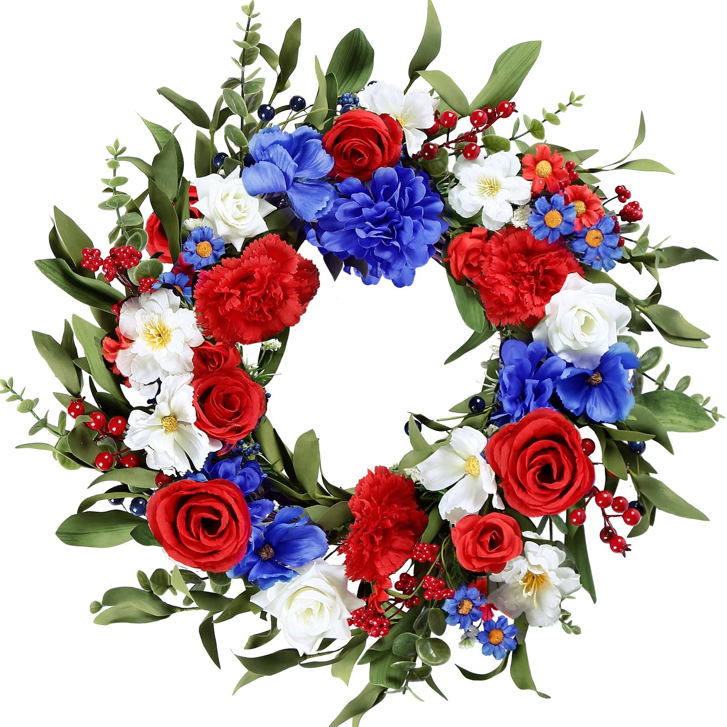 Sggvecsy 20Inch 4th of July Patriotic Day Wreath for Front Door with Artificial Floral Red Blue White Flower Roses Hydrangea Daisy Patriotic Decorations for Memorial Day Independence Day Veterans Day