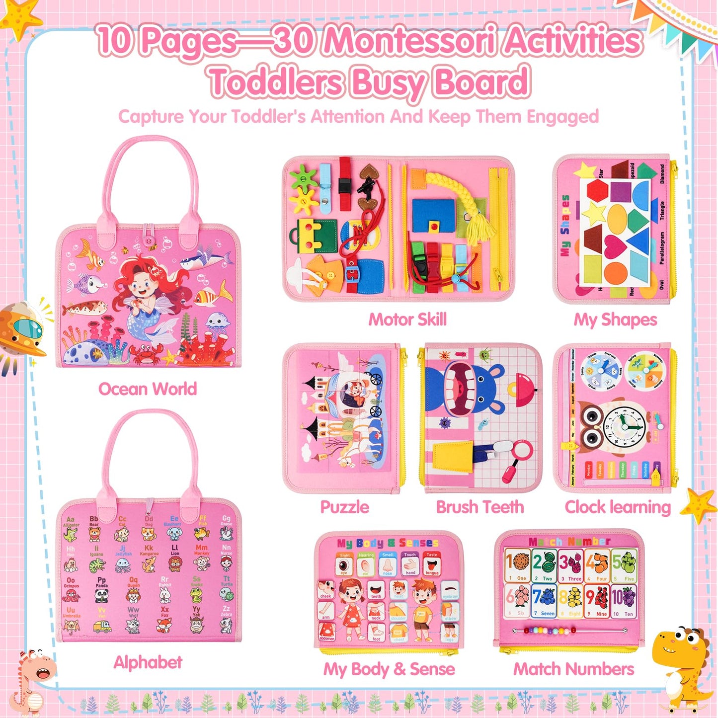 Busy Board Montessori Toys for Toddlers 3 4 5 6 Years Old Girl Gift Birthday Christmas, 10 Pages 30 Activities Sensory Educational Preschool Learning Toys, Fine Skill Travel Essential Toys