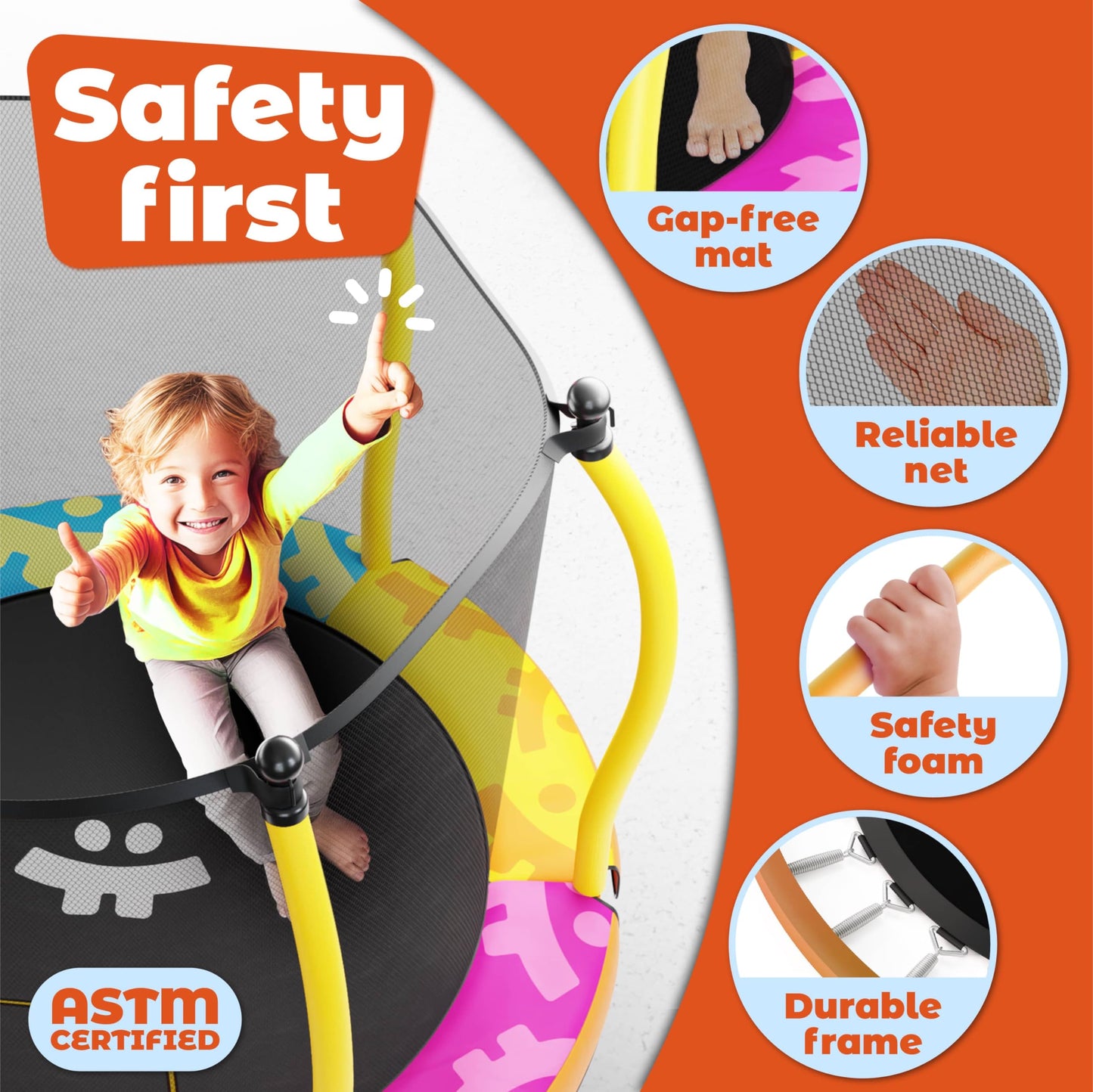 Happin 55” Toddler Trampoline, Indoor & Outdoor Playset Ages 1-8, 5FT Kids Trampoline, Ultra Safe Mini Trampoline for Kids with Safety Enclosure Net, Gifts for Birthday Boys & Girls, Basketball Hoop