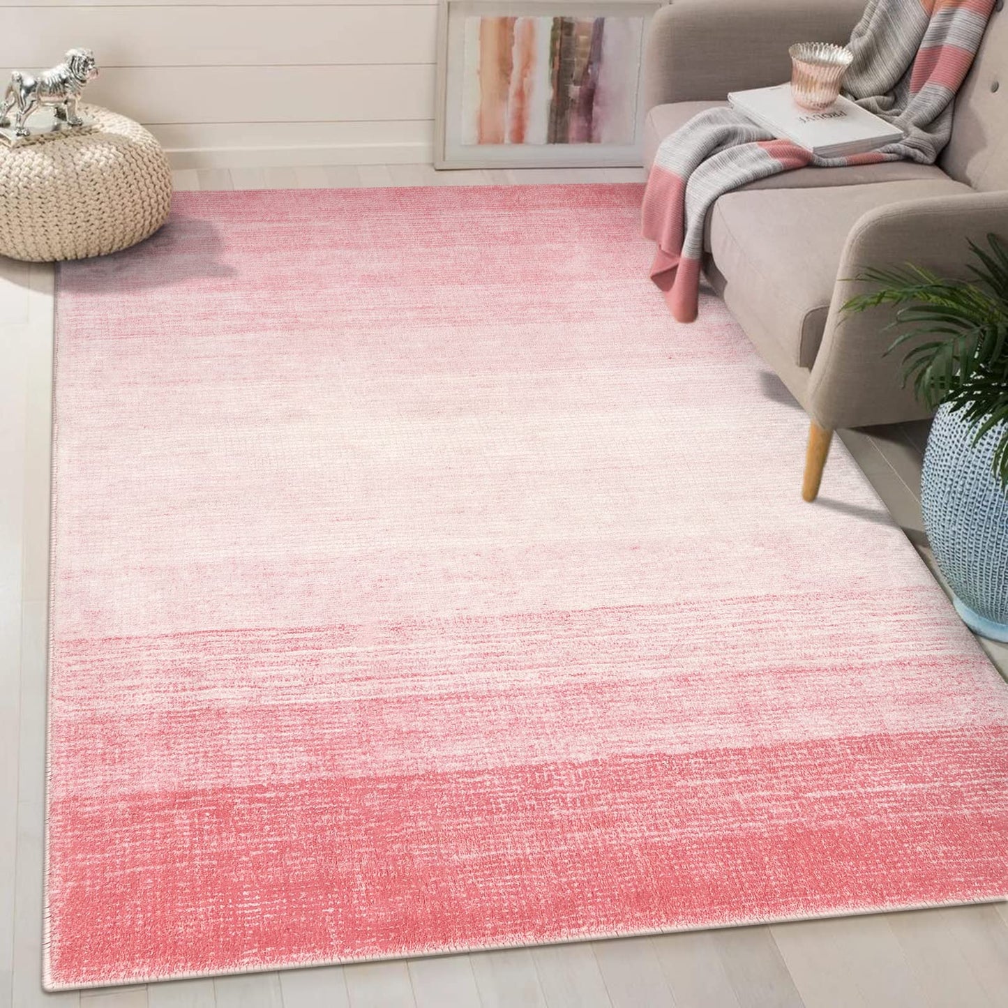 Wonnitar Washable 3x5 Area Rug, Pink Rugs for Bedroom Girls, Contemporary Ombre Nursery Soft Kids Room Rug, Modern Non-Skid Faux Wool Indoor Carpet for Bathroom Dorm Bedside (Pink,3'x5')