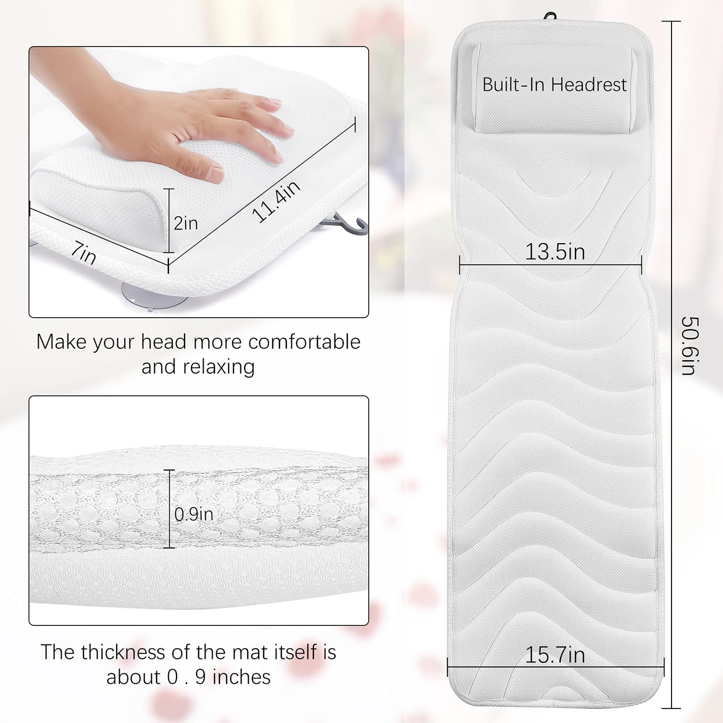 Full Body Bath Pillow for Bathtub, Non-Slip Bath Pillows for Tub, Spa Bathtub Pillow Cushion for Headrest Neck Shoulder and Back Rest Support，Relaxation Spa Accessories-50 x 15" (White)