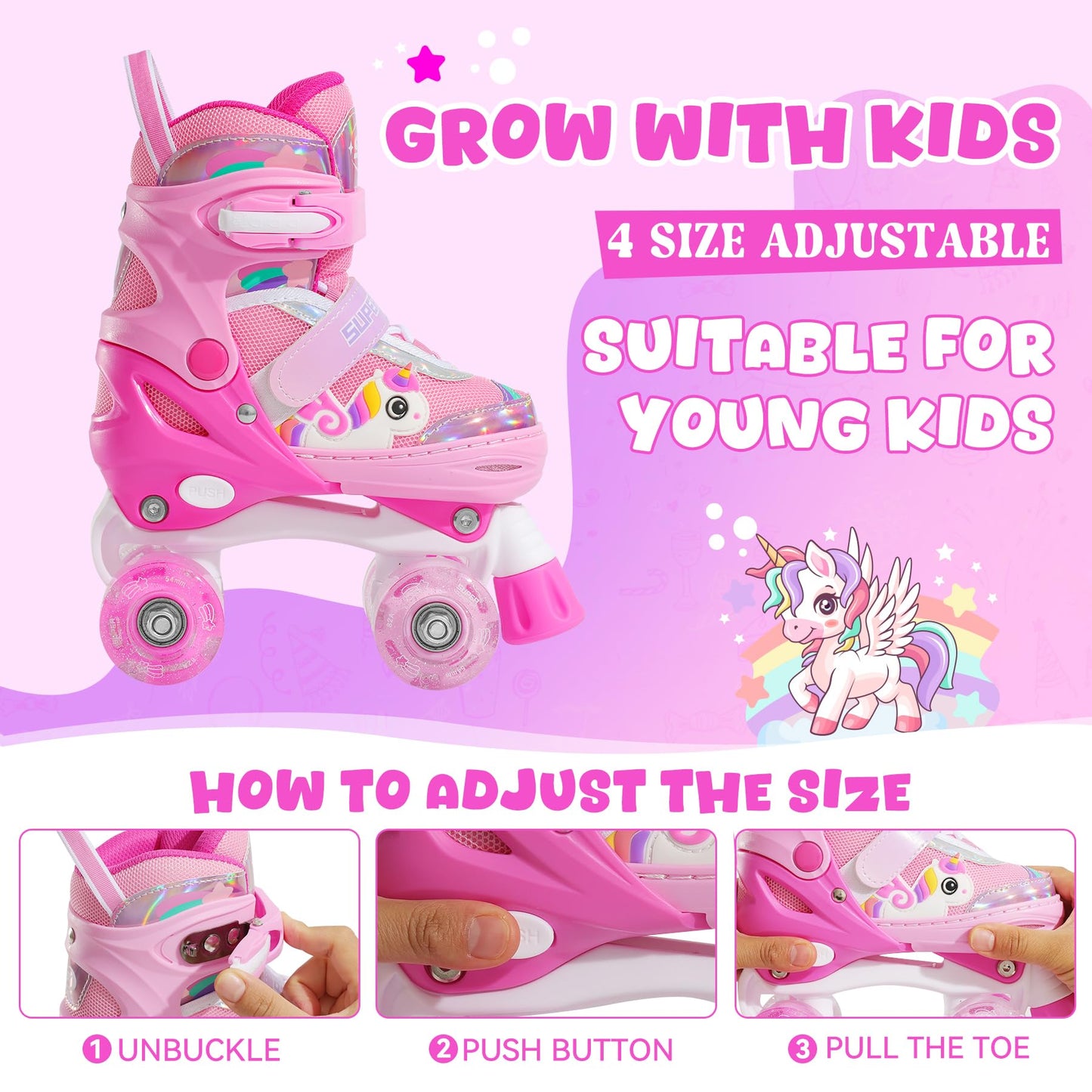 SUPER YOUNGSTER Adjustable Light Up Kids Unicorn Roller Skates for Girls Ages 4-6 5-8 8-12，Toddlers Beginner Cat Roller Skates