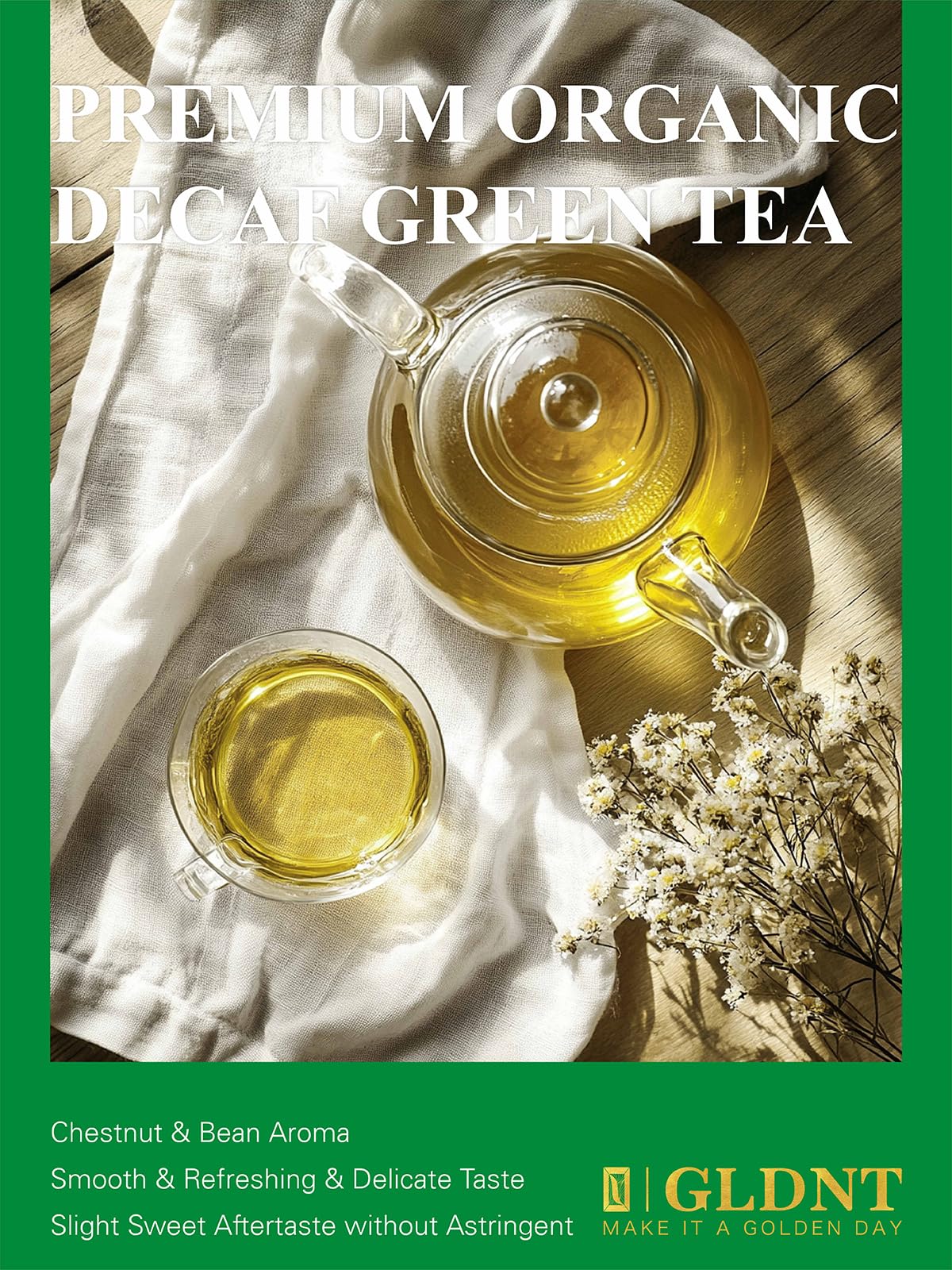 GLDNT Organic Decaf Green Tea, Organic Decaffeinated Green Tea Loose leaf, Delicate & Smooth Flavor, Hot & Iced Tea, 16 Ounce