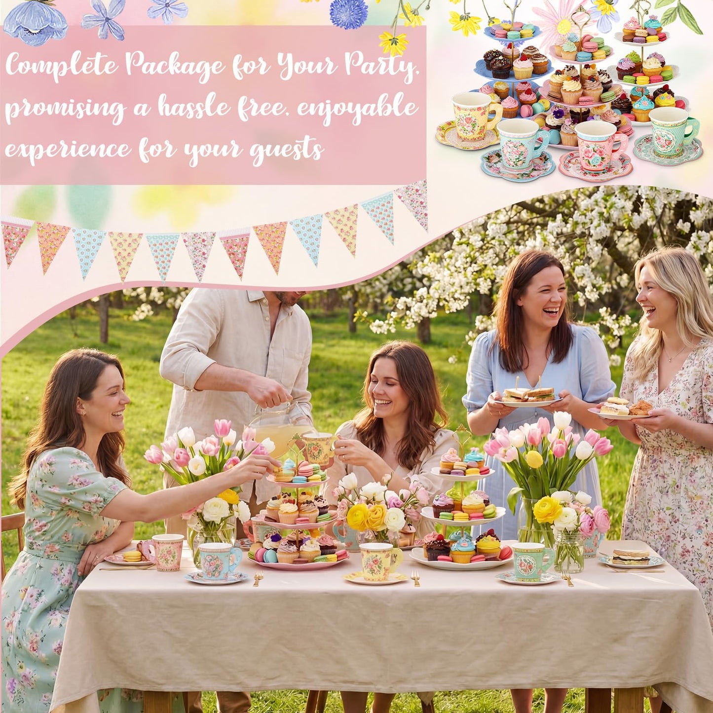 Nuogo 244pcs/40set Disposable Tea Party Supplies Vintage Floral Paper Tea Plates Cups Napkin 3 Tier Cake Stand Bunting Banner and Disposable Tableware for Birthday Baby Shower Bridal Wedding, Serve 40