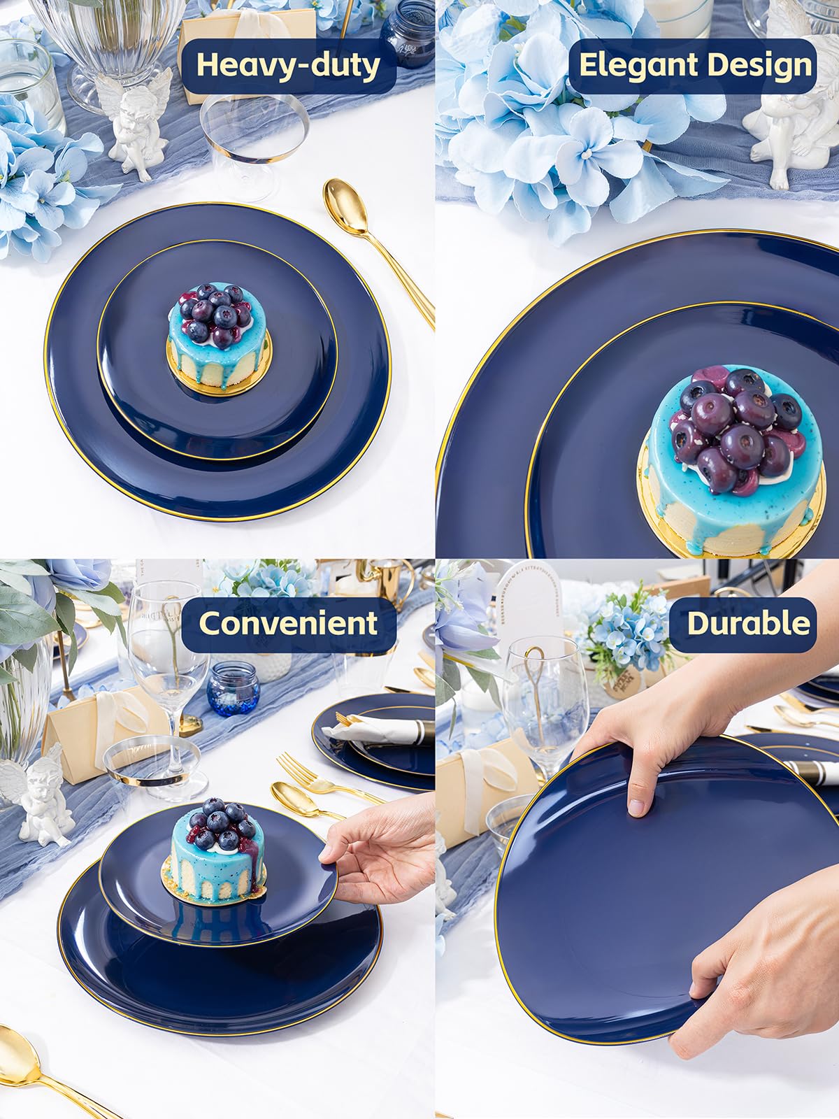 WDF 300PCS Navy Blue Plates Disposable - Blue Plastic Plates 50guest Heavy Duty Plastic Dinnerware Sets for Party/Wedding/Birthday/Graduation