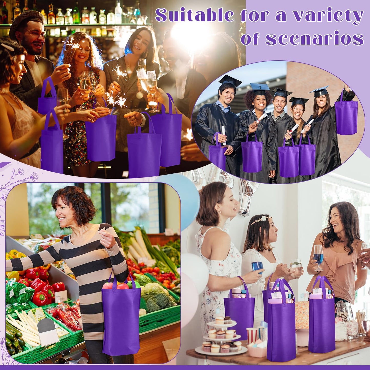 Windyun Reusable Grocery Bags Large Non Woven Shopping Bags with Handle Foldable Portable Tote Carryall Bulk 11.8x6x13.8 Inch(200 Pcs,Purple)