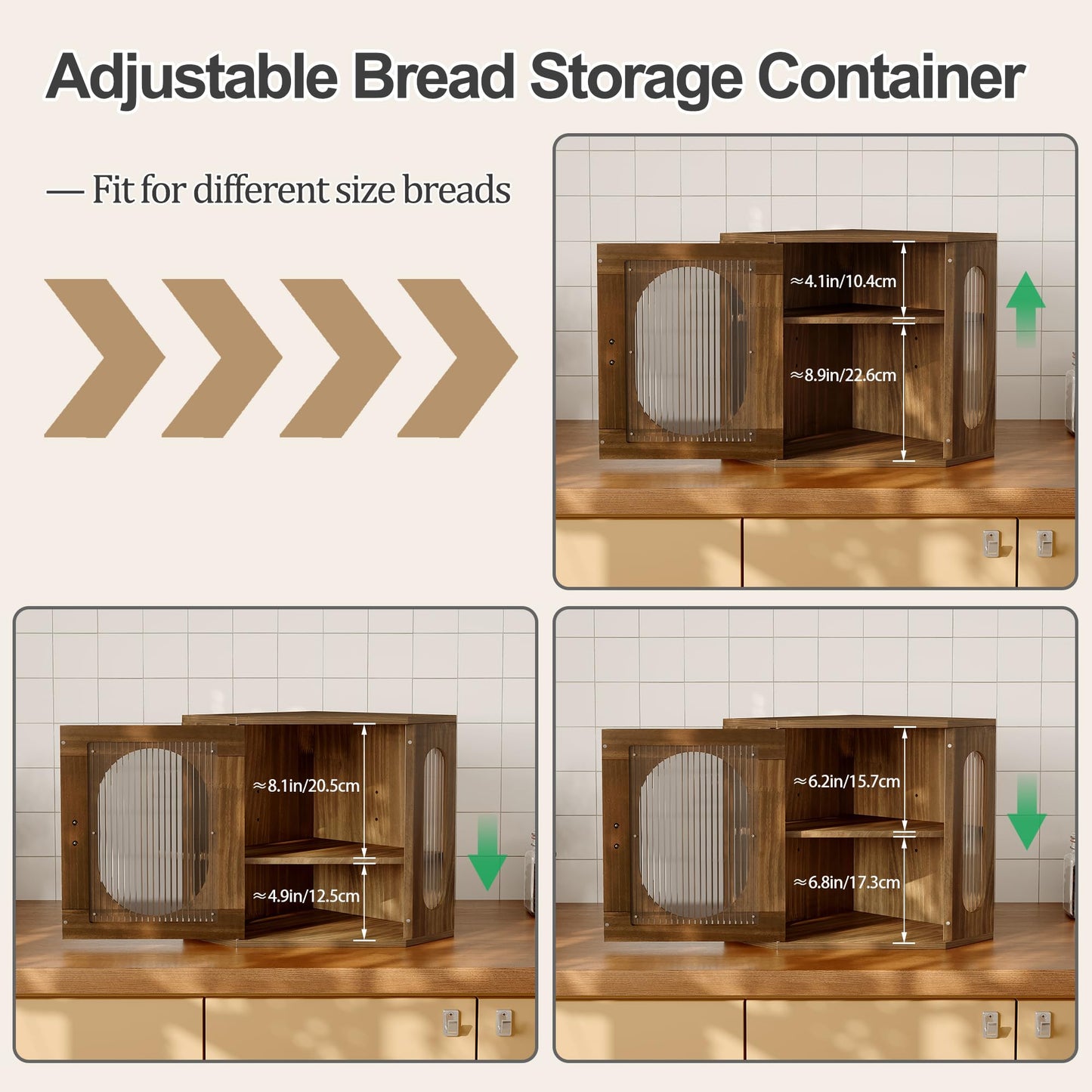 Alpeir Corner Bread Box for Kitchen Countertop, Thick Pine Wood Keep Freshness Longer, Adjustable Farmhouse Bread Storage Container with Window & Deli Papers for Homemade Bread, Baked, Retro Brown