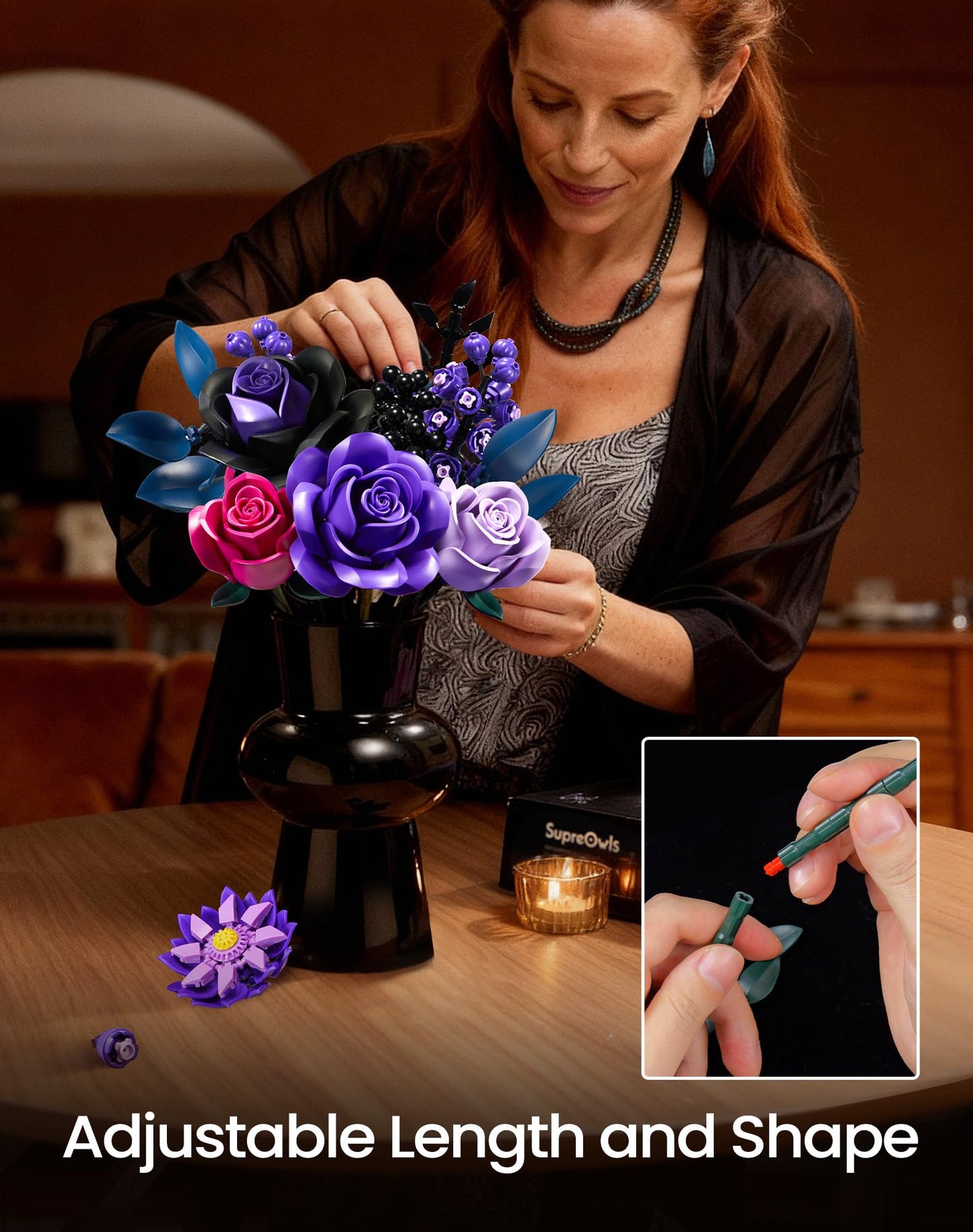 Purple Flower Bouquet Building Set, Rose Botanical Collection Blocks Kit Compatible with Lego for Adults Women, Artificial Flowers Gothic Decor for Valentines Day (736PCS)