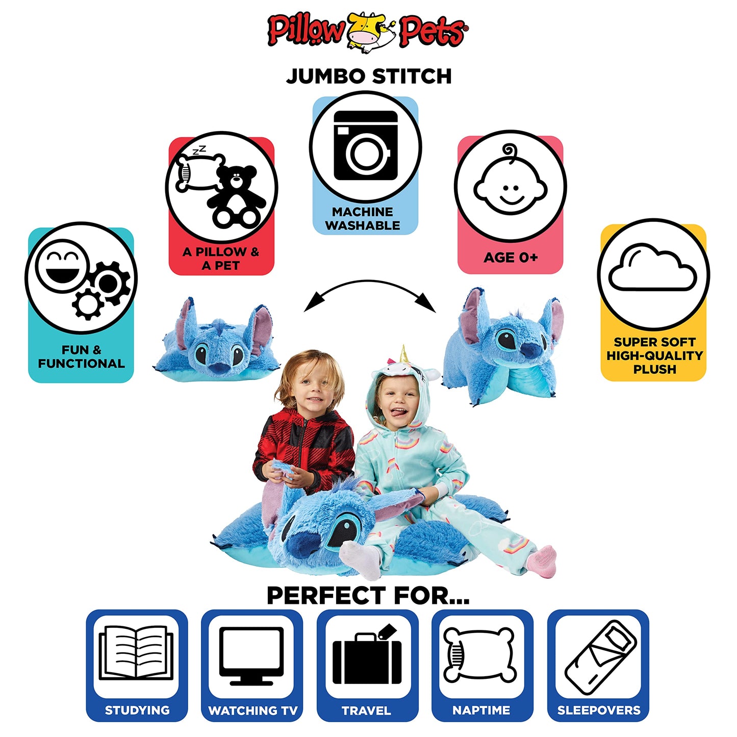 Pillow Pets Jumbo Stitch, Disney Stuffed Animal, Plush Toy