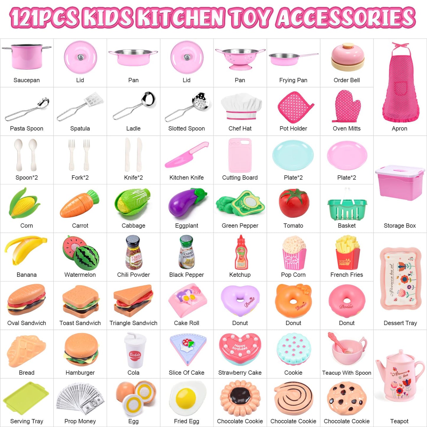 Aojieni 140Pcs Kids Kitchen Accessories, Pretend Play Food Tea Party Set, Toy Kitchen Kids Cooking Real with Apron & Chef Hat, Utensils Cookware Pots & Pans, Toy Organizer, Toddler Toys Gift