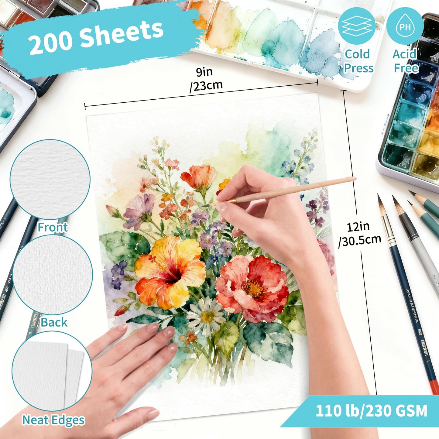 OSIMIG 200 Sheets 9x12” Watercolor Paper Bulk, 220gsm Cold Press White Thick Water Colour Paper for Painting, Artist Sketch, Easel, Loose Drawing, Art Supplies