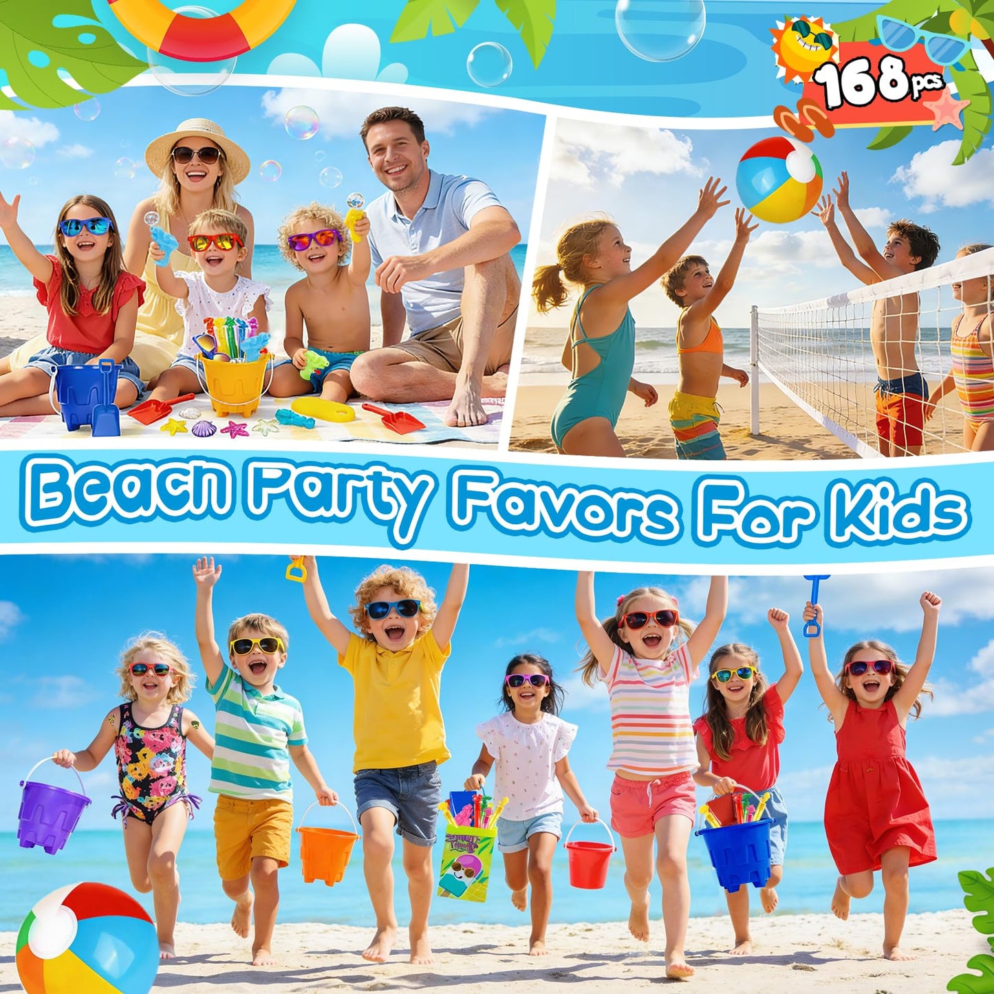 Pool Party Favors and Beach Party Favors 168pcs Summer Pool Toys for Party,Kids Ages 4-8 8-12, Including 12 Castle Mold Buckets, 12 Shovels,Beach Balls, Sunglasses, Bubble Wands