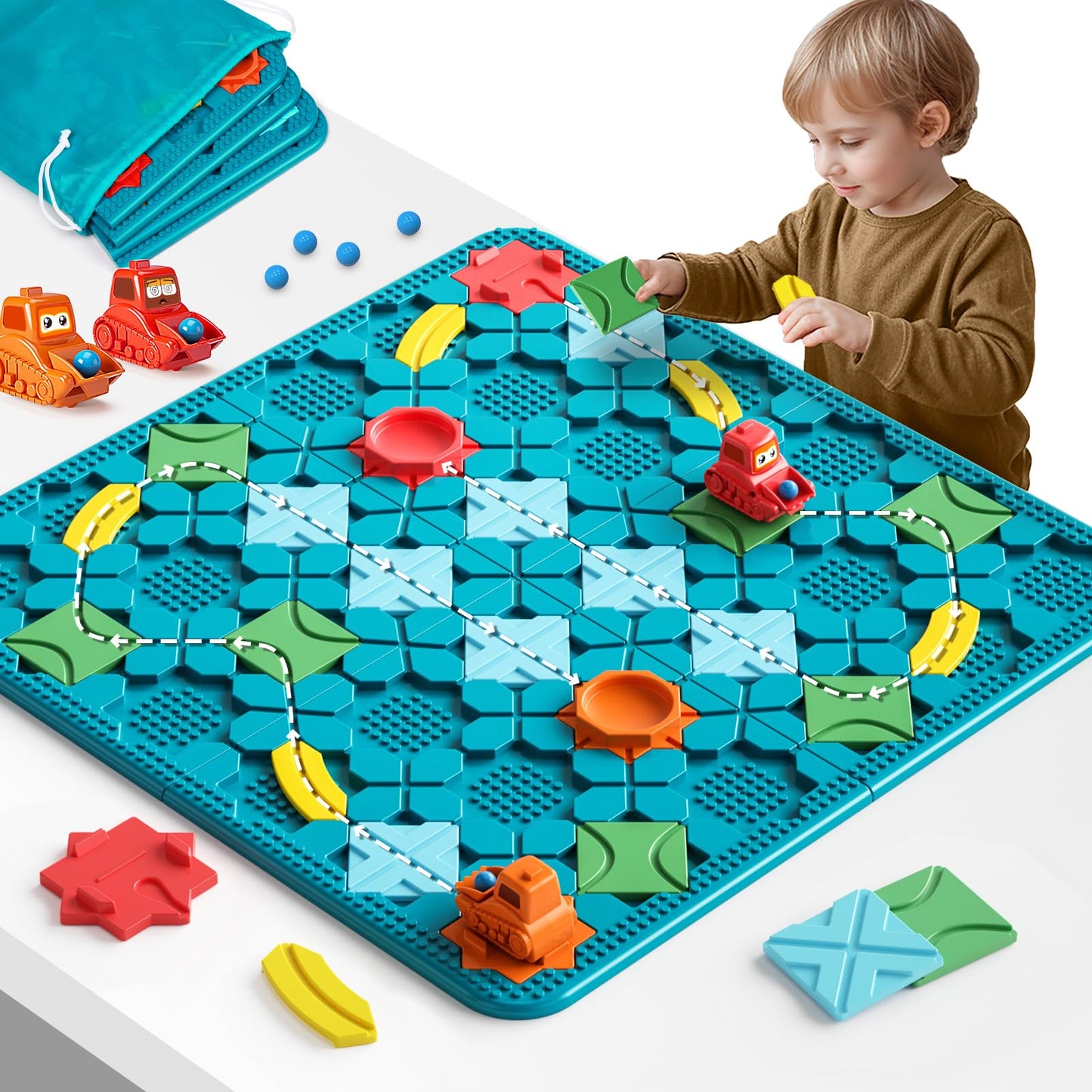Burgkidz STEM Board Games for Kids Ages 4-8 - Large Size Build Your Own Maze with Building Bricks, Includes 2 Pull-Back Cars & Storage Bag, 3 Difficulty Levels Educational Montessori Toys