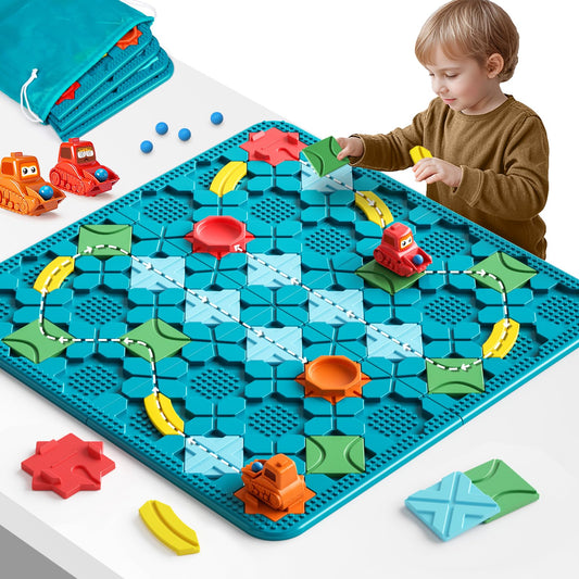 Burgkidz STEM Board Games for Kids Ages 4-8 - Large Size Build Your Own Maze with Building Bricks, Includes 2 Pull-Back Cars & Storage Bag, 3 Difficulty Levels Educational Montessori Toys