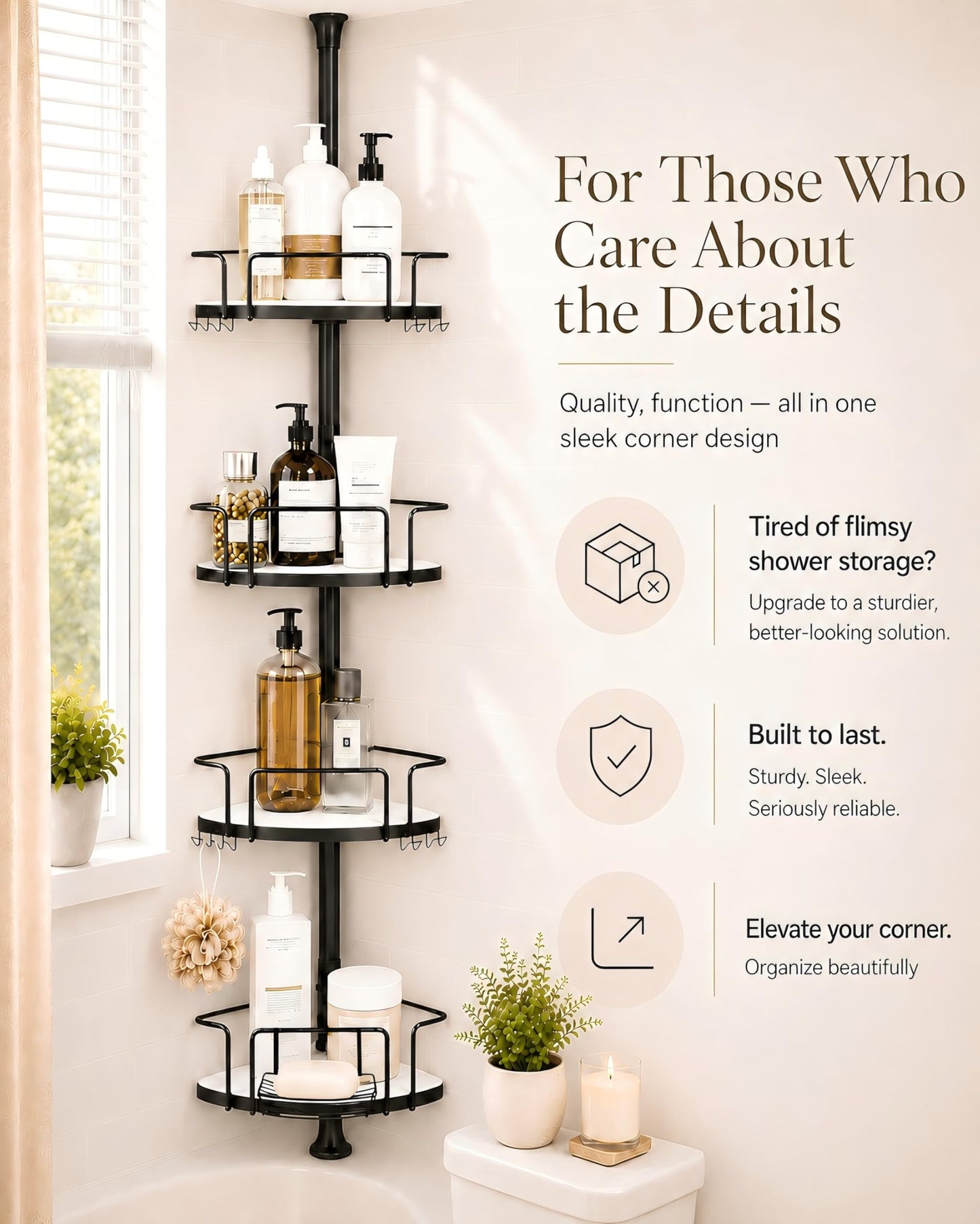 ALLZONE Corner Shower Caddy Tension Pole, 4 Hang-On Basket with Mixed-Height Shelves for Various Bottle Sizes, Extra Hooks & Soap Holder, Rustproof Stainless Steel, Fits 34–116 Inch, Black/White
