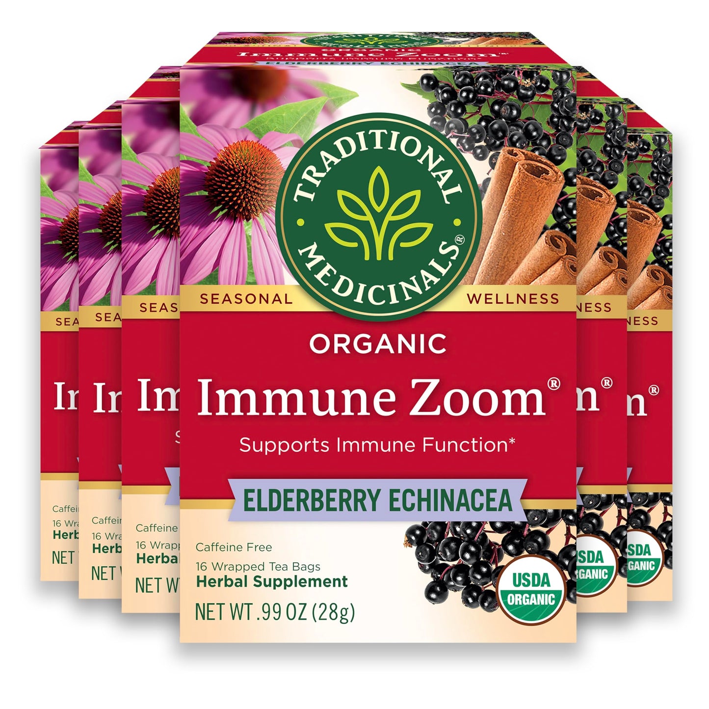 Traditional Medicinals Tea, Organic Immune Zoom Elderberry Echinacea - Supports Immune Function - Kosher, Non-GMO, Caffeine-Free, Compostable - 96 Tea Bags (Pack of 6)