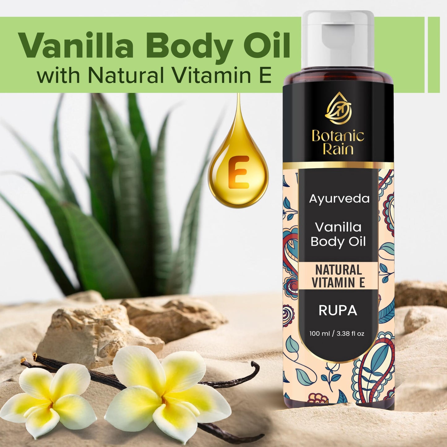 Botanic Rain Ayurveda Vanilla Body Oil, Moisturizing & Hydrating Organic Vitamin E Oil, Body Oil For Women After Shower, Ayurveda Products For Crepey Skin - 3.38 Fl Oz (2)