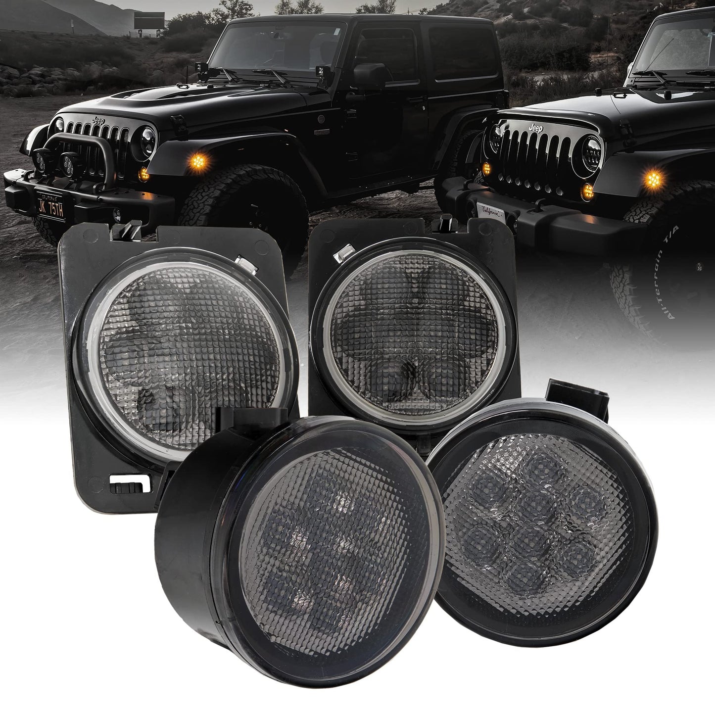 TRUE MODS Front LED Turn Signal & Side Marker Light Replacement for Jeep Wrangler [Smoked Lens] [Amber] LED Light Kit Compatible with 2007-2018 Jeep Wrangler JK (07-18) & Unlimited JKU Accessories